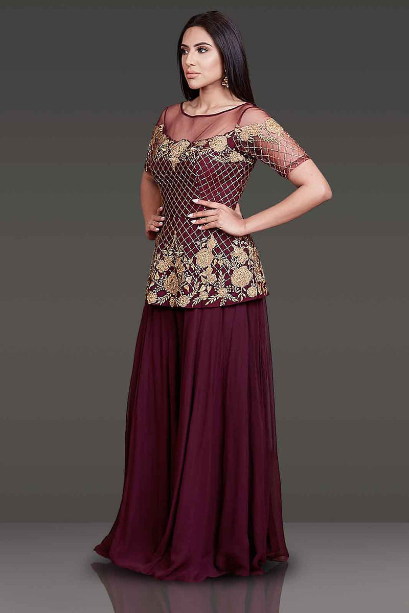 Burgundy Peplum with Sharara Paired With Net Scarf