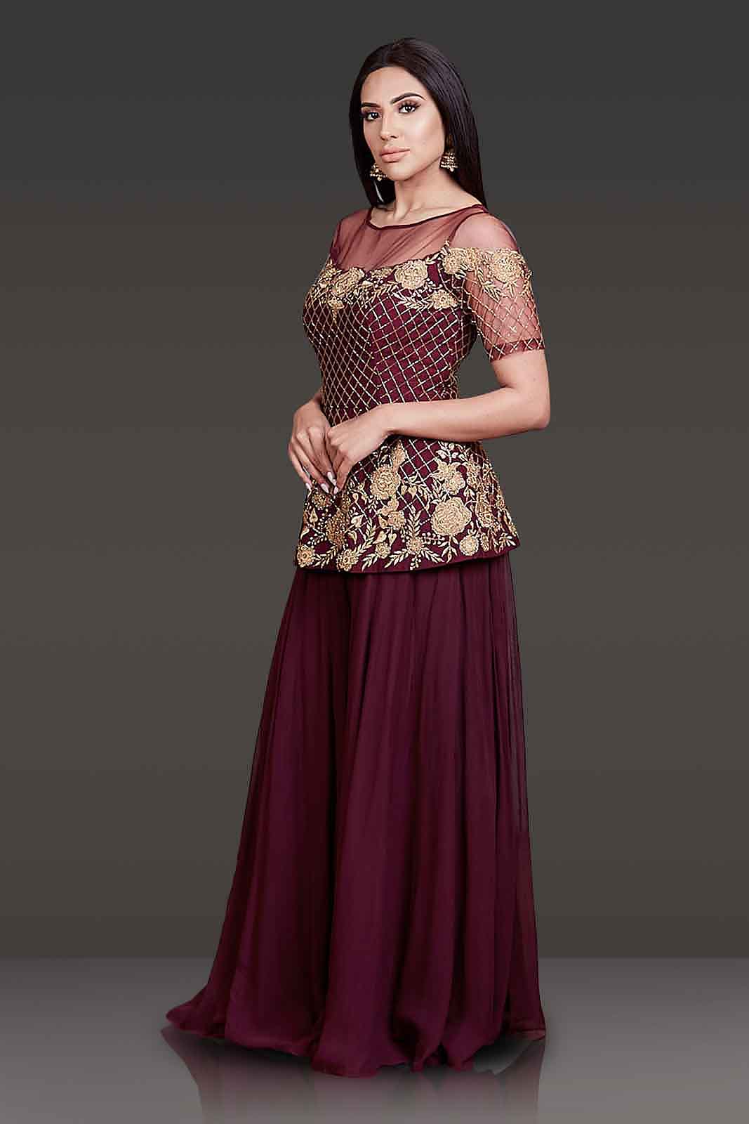 Burgundy Peplum with Sharara Paired With Net Scarf