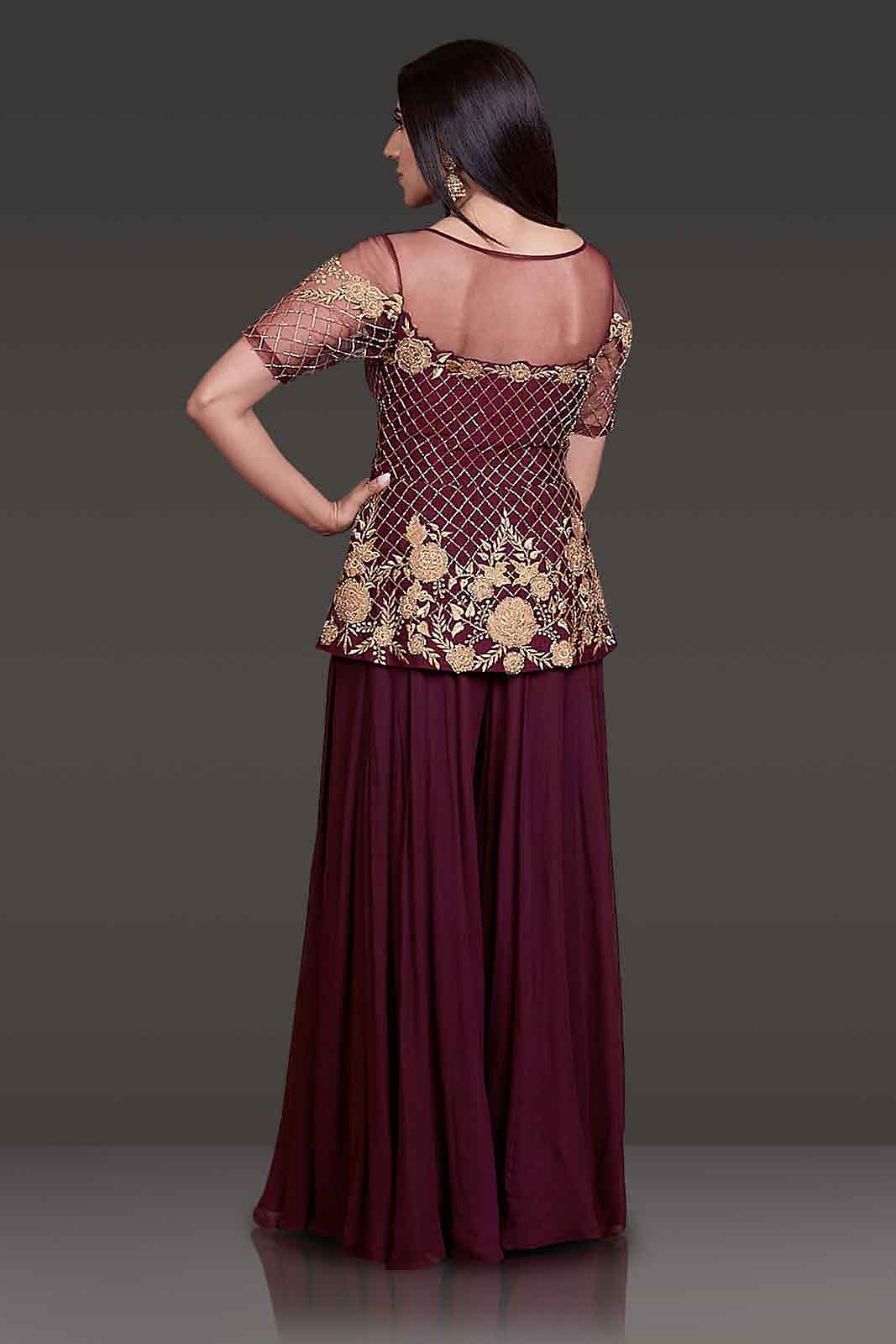 Burgundy Peplum with Sharara Paired With Net Scarf