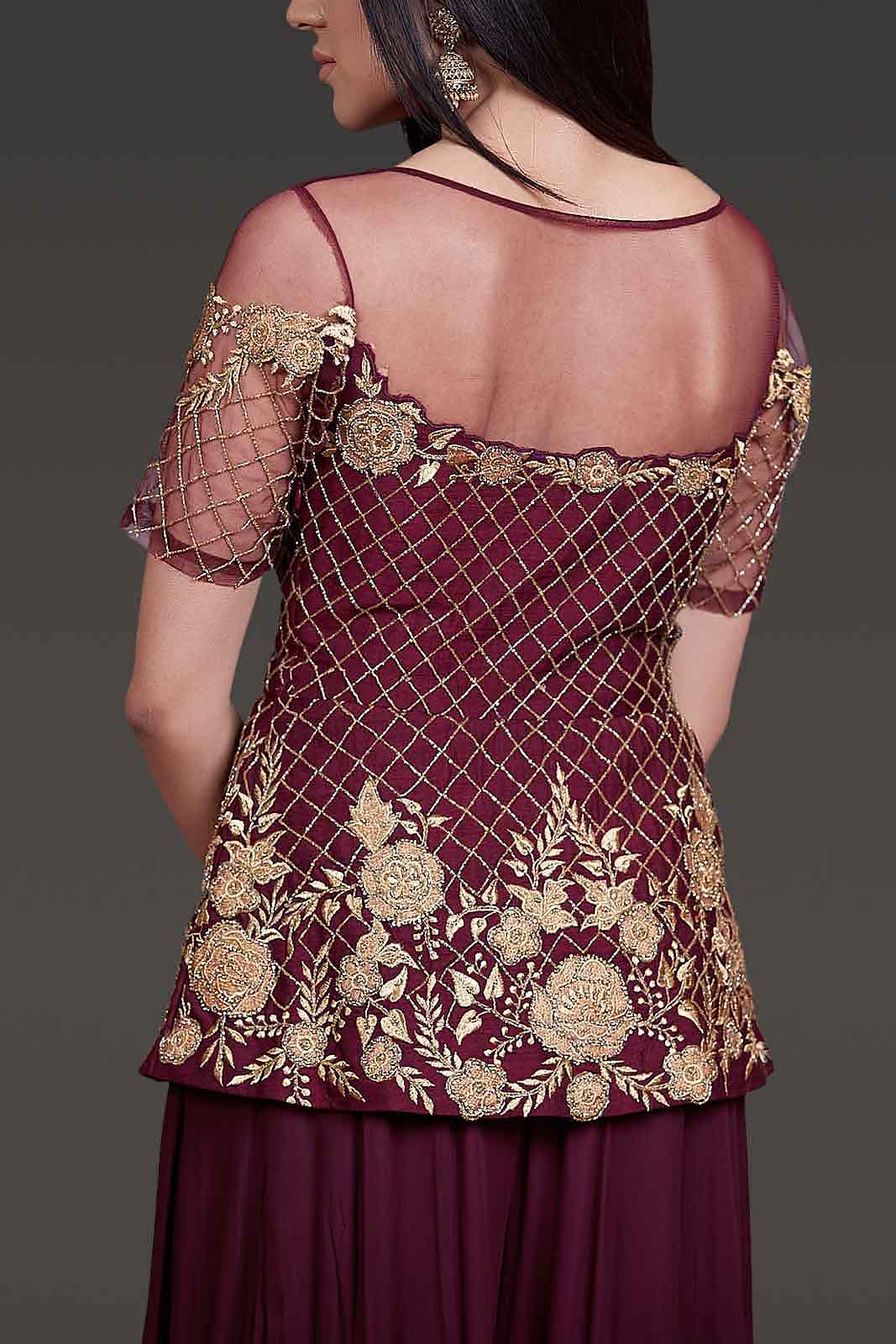 Burgundy Peplum with Sharara Paired With Net Scarf