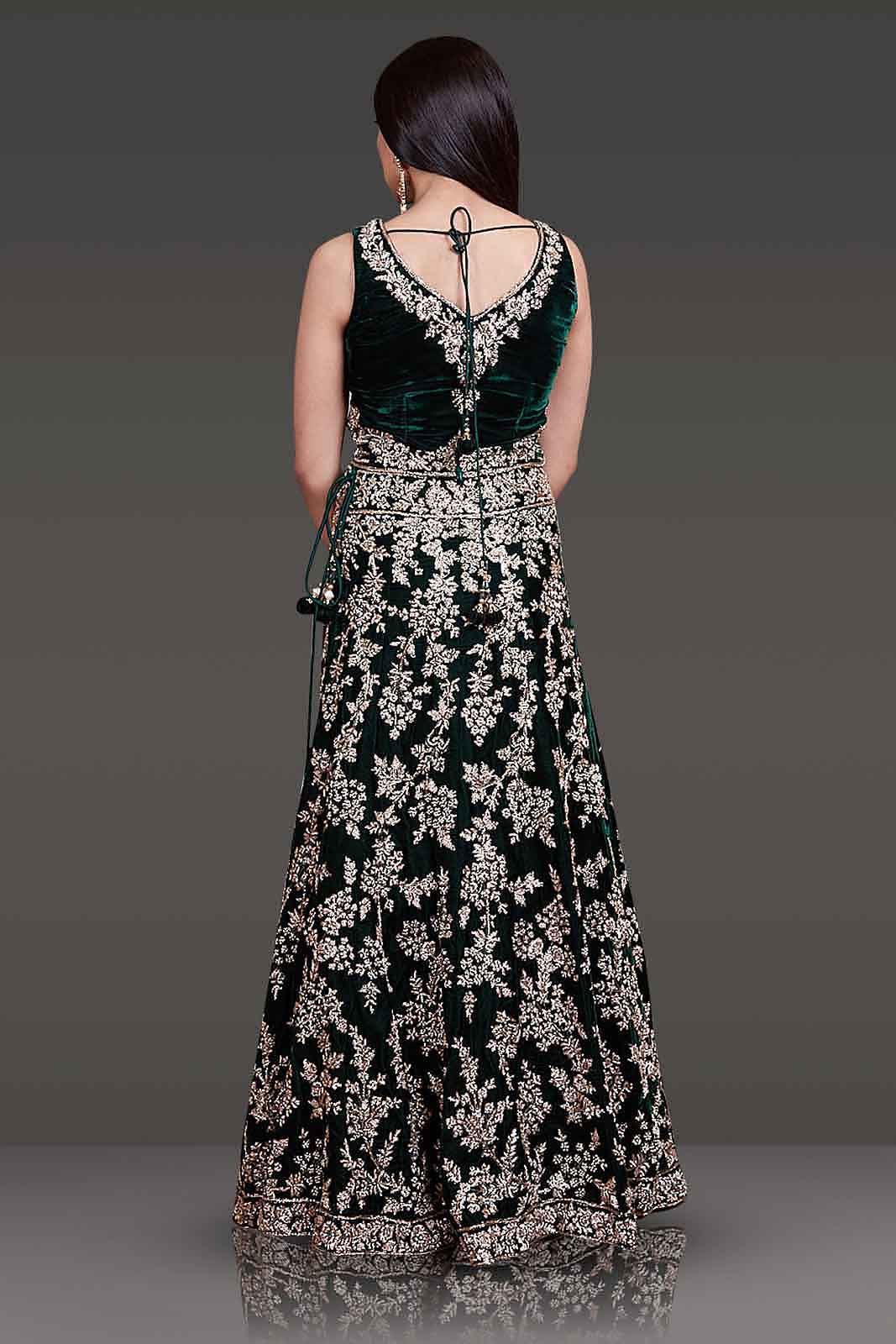 Bottle-Green Micro-Velvet Bridal Lehenga with Gold Zardozi top and Stone Embroidery