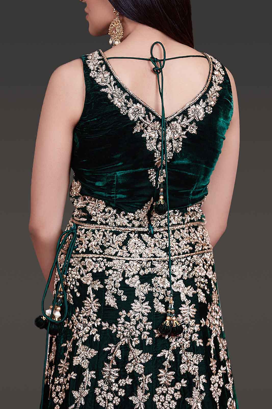 Bottle-Green Micro-Velvet Bridal Lehenga with Gold Zardozi top and Stone Embroidery