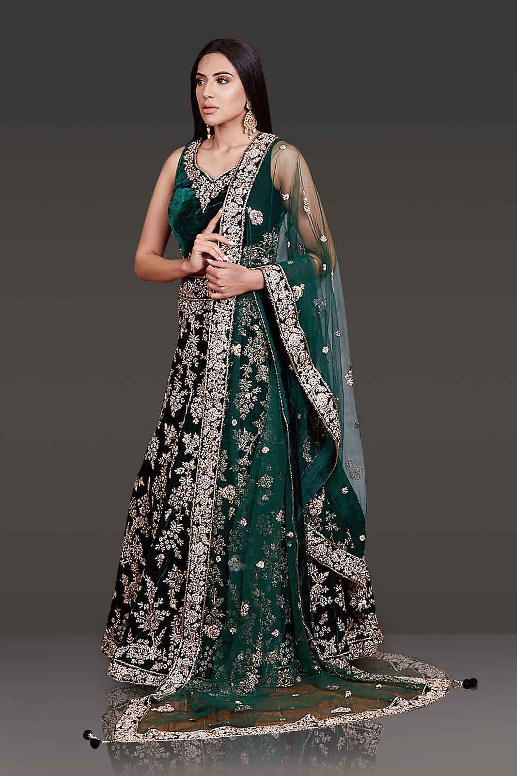 Bottle-Green Micro-Velvet Bridal Lehenga with Gold Zardozi top and Stone Embroidery