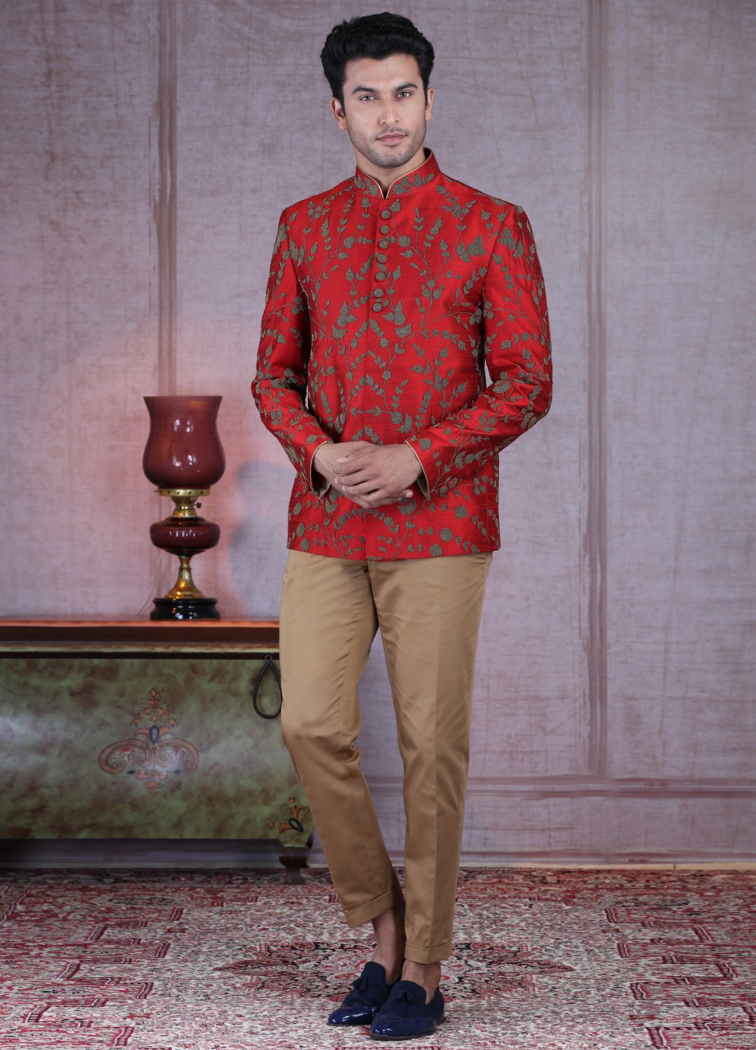 Rust Maroon Raw Silk Bandhgala Jodhpuri