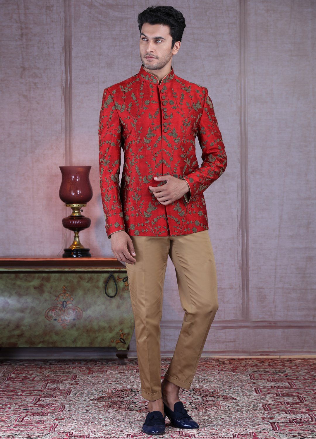 Rust Maroon Raw Silk Bandhgala Jodhpuri