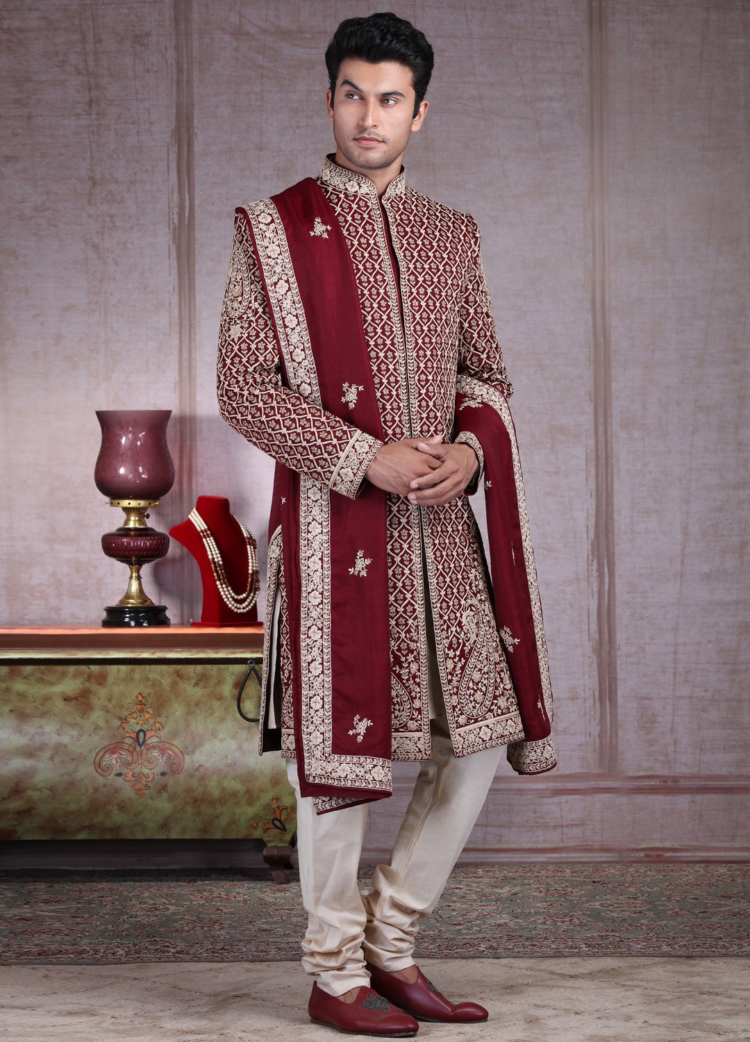 Regal Maroon Groom's Sherwani