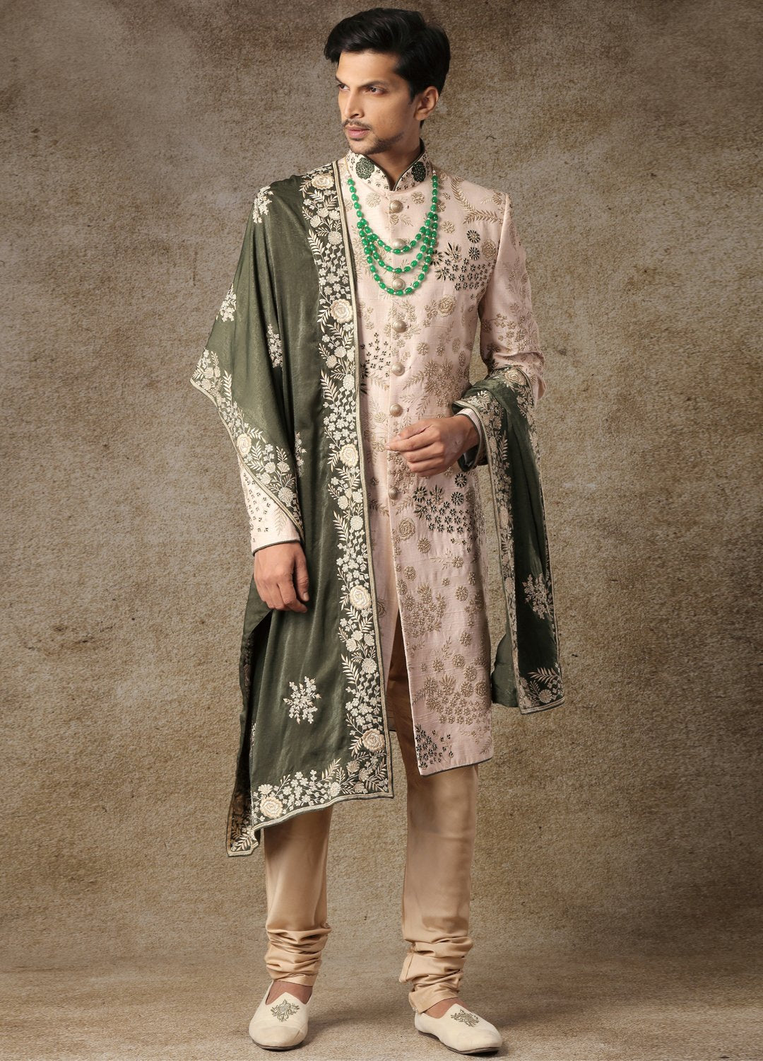 Rosey Beige Embroidered Sherwani