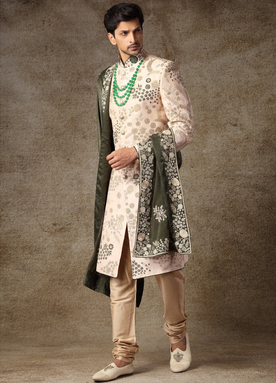 Rosey Beige Embroidered Sherwani