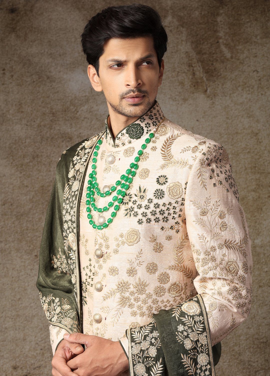 Rosey Beige Embroidered Sherwani