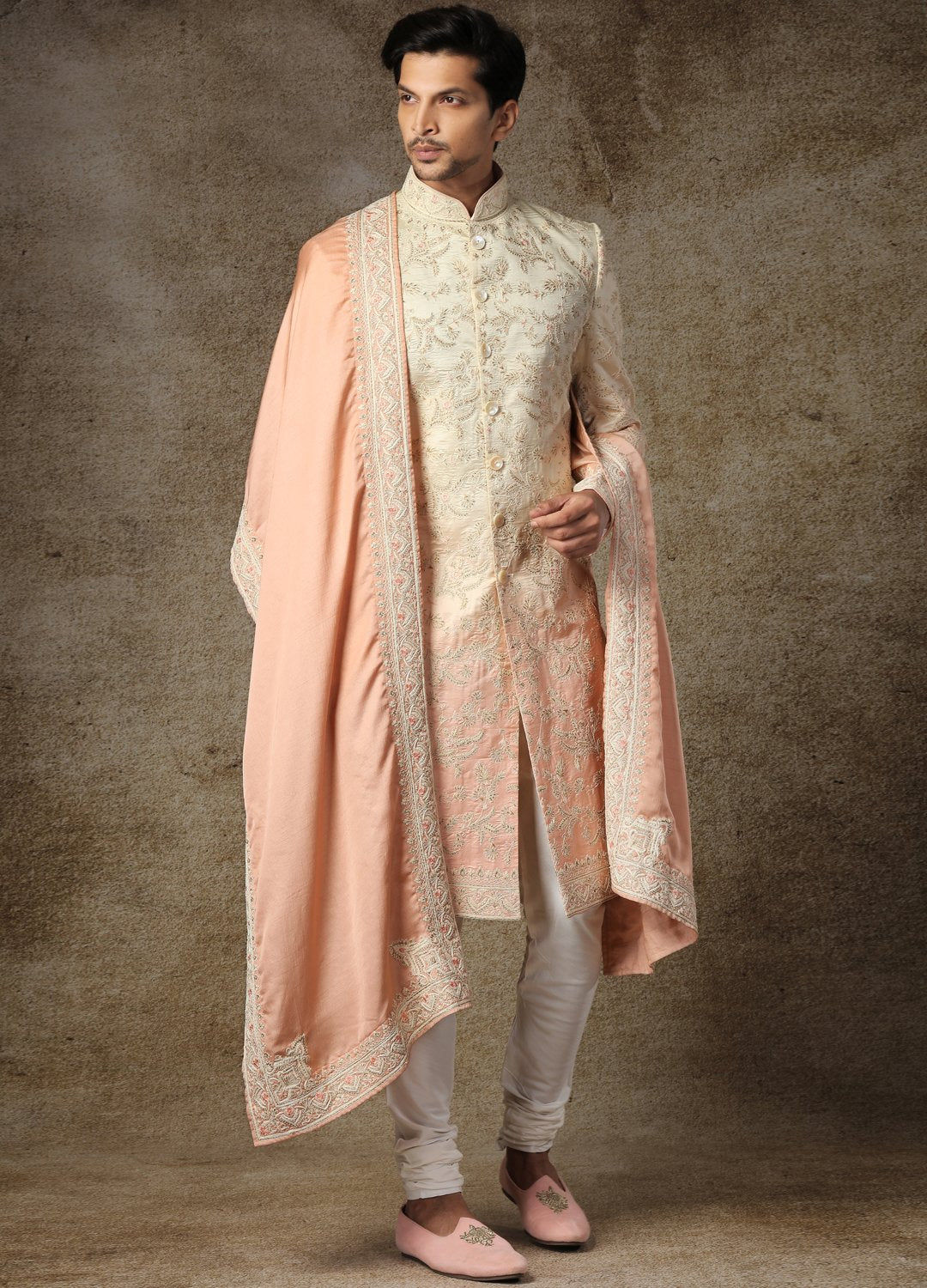 Salmon Peach Blended Silk Royal Sherwani