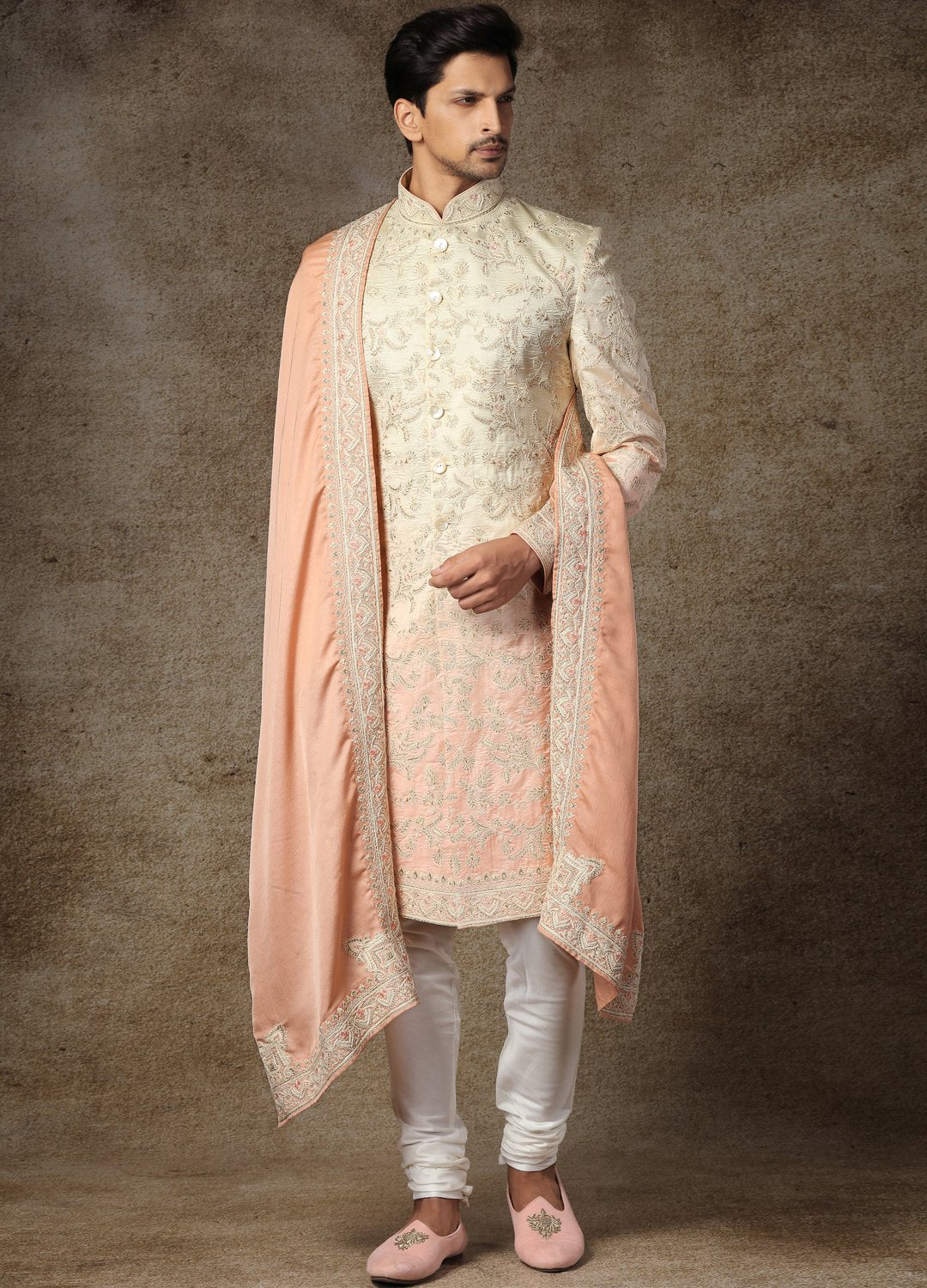 Salmon Peach Blended Silk Royal Sherwani