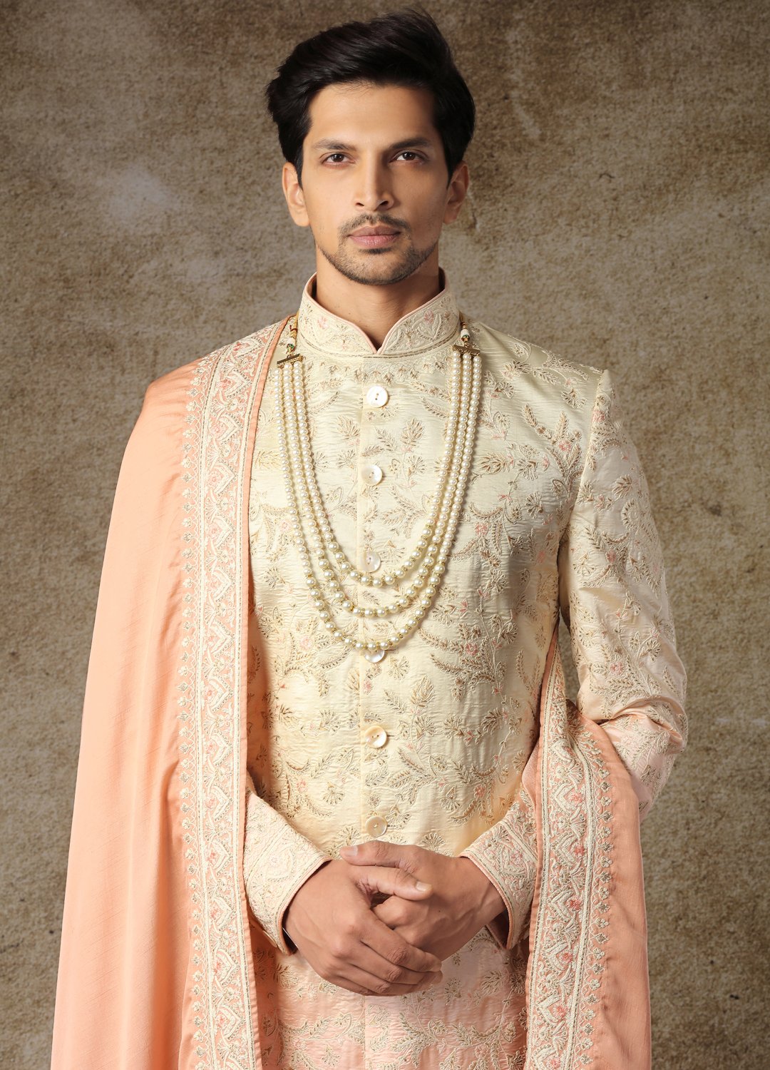 Salmon Peach Blended Silk Royal Sherwani