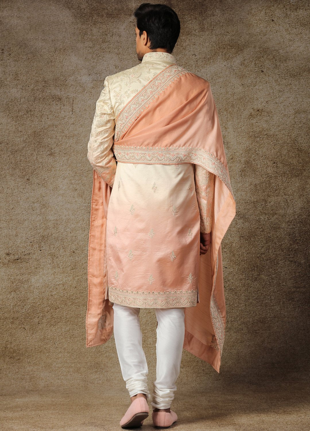 Salmon Peach Blended Silk Royal Sherwani