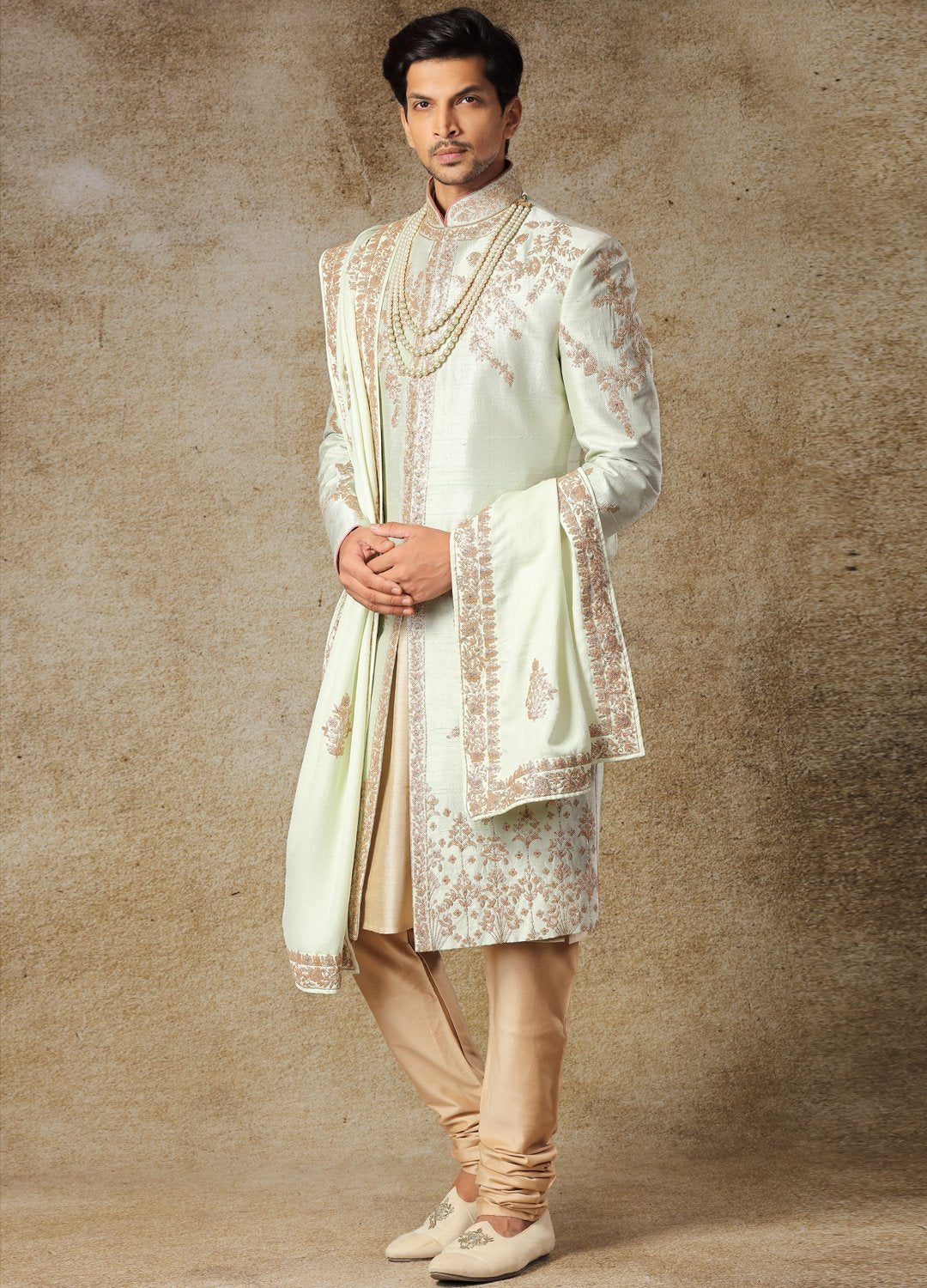 Gold And Pastel Green Embroidered Sherwan