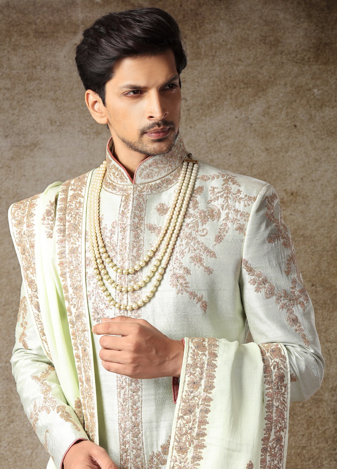 Gold And Pastel Green Embroidered Sherwan
