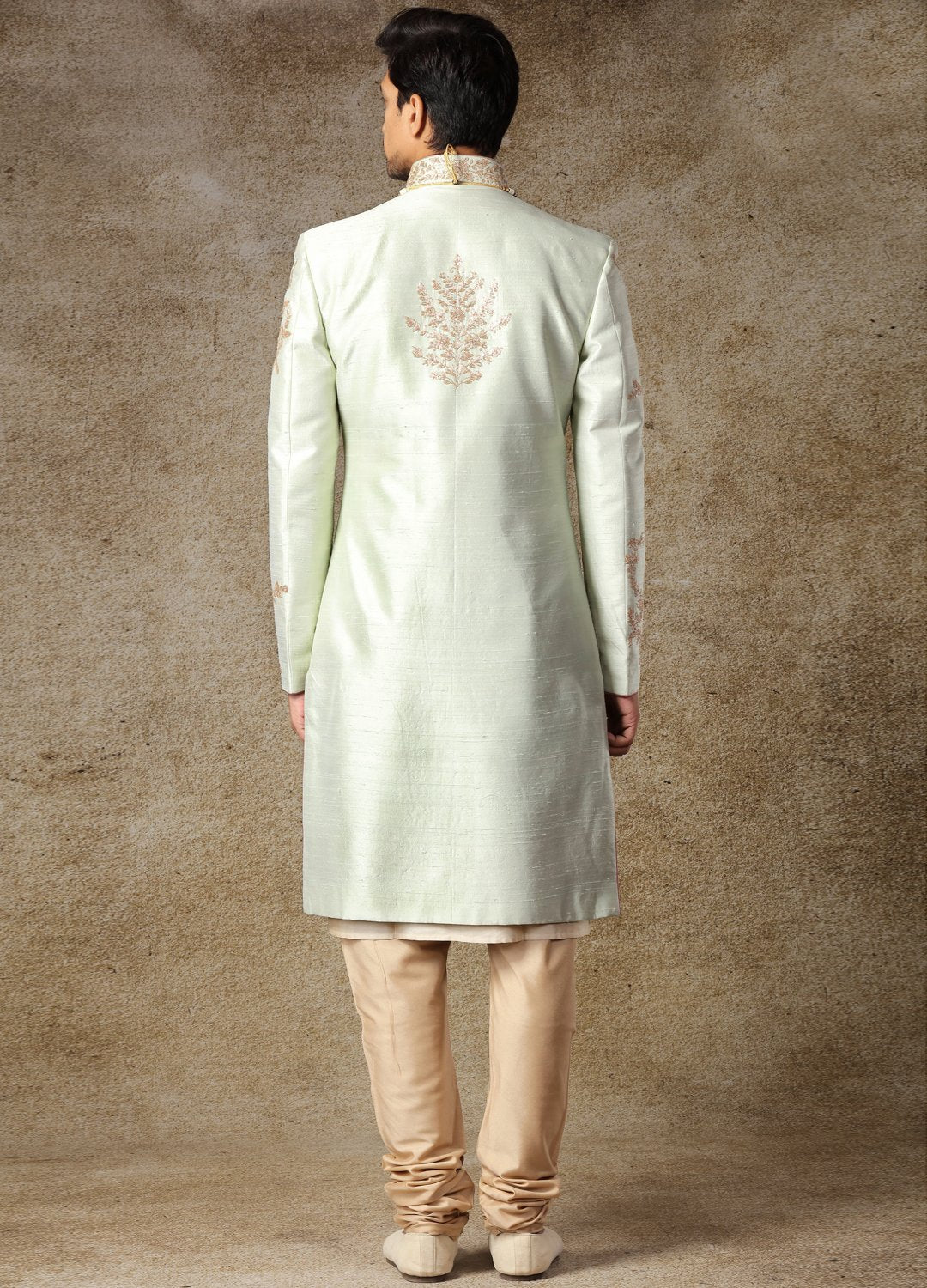 Gold And Pastel Green Embroidered Sherwan