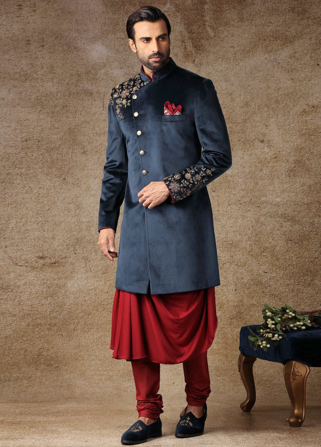 Maroon And Ink Blue Indo-Western Kurta Sherwani