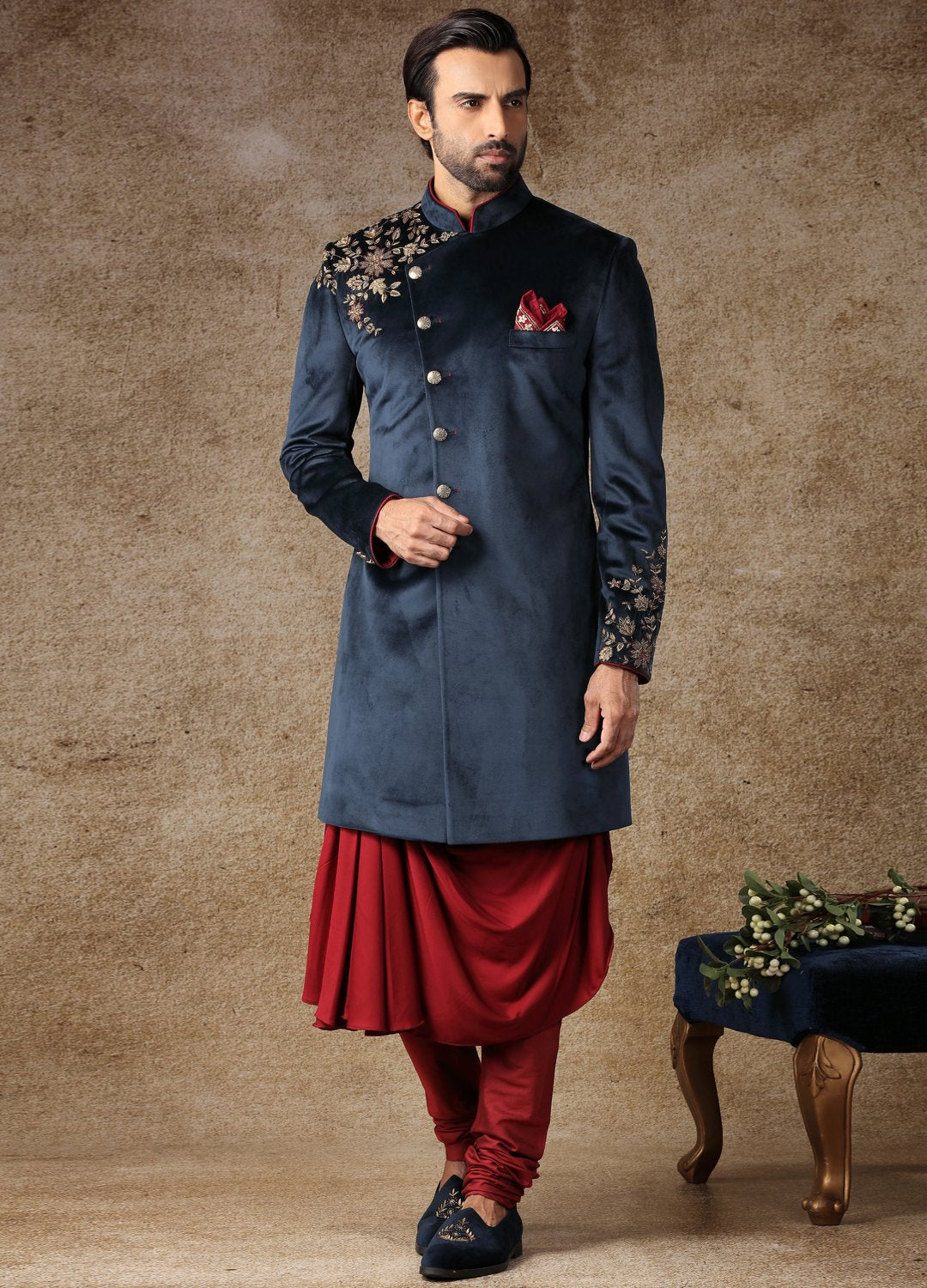 Maroon And Ink Blue Indo-Western Kurta Sherwani