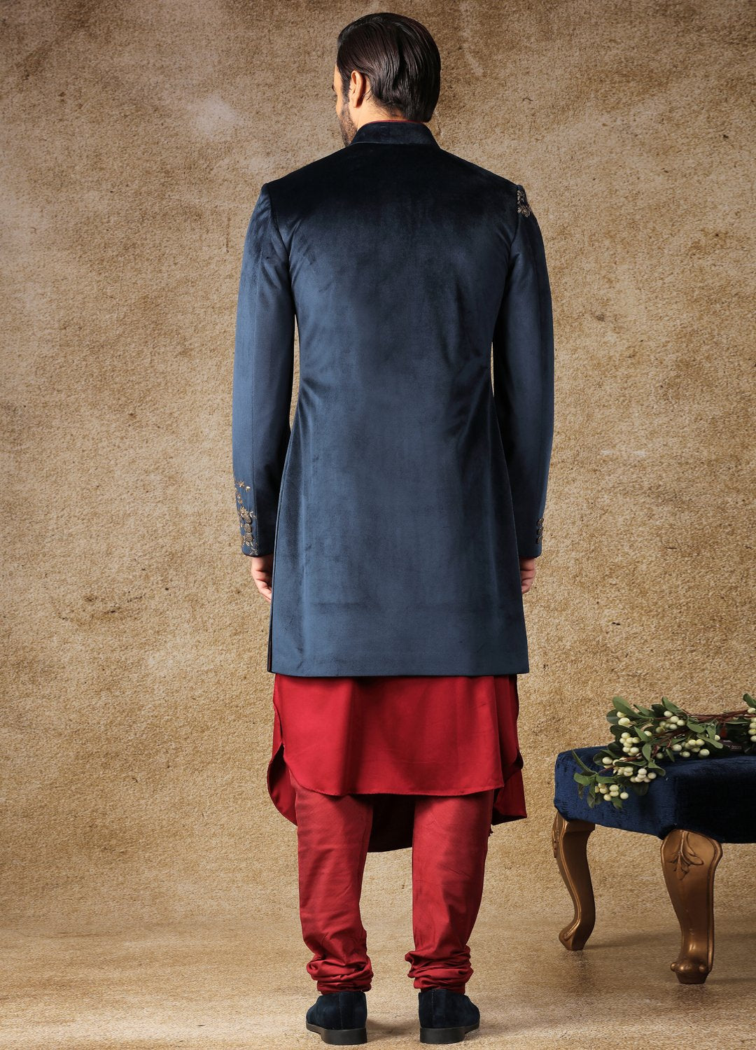Maroon And Ink Blue Indo-Western Kurta Sherwani