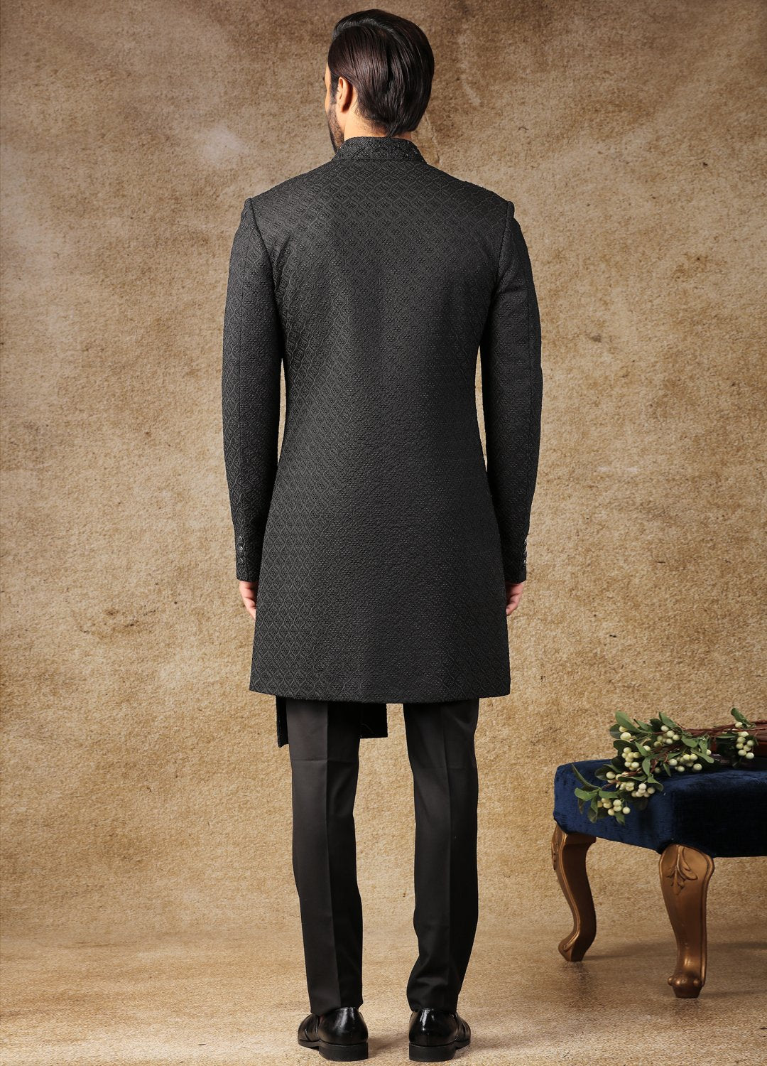 Black Embroidered Asymmetric Sherwani