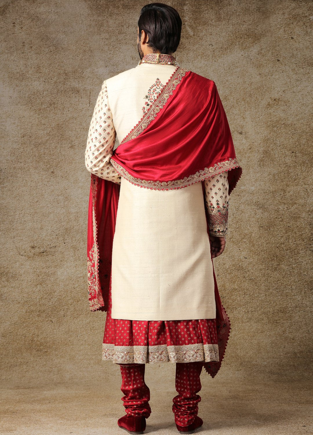 Pearl White And Maroon Sherwani Kurta