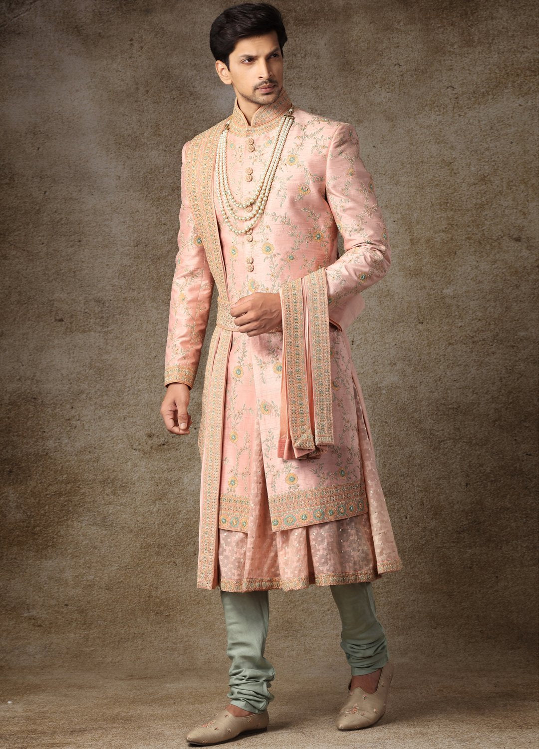 Peach Embroidered Sherwani