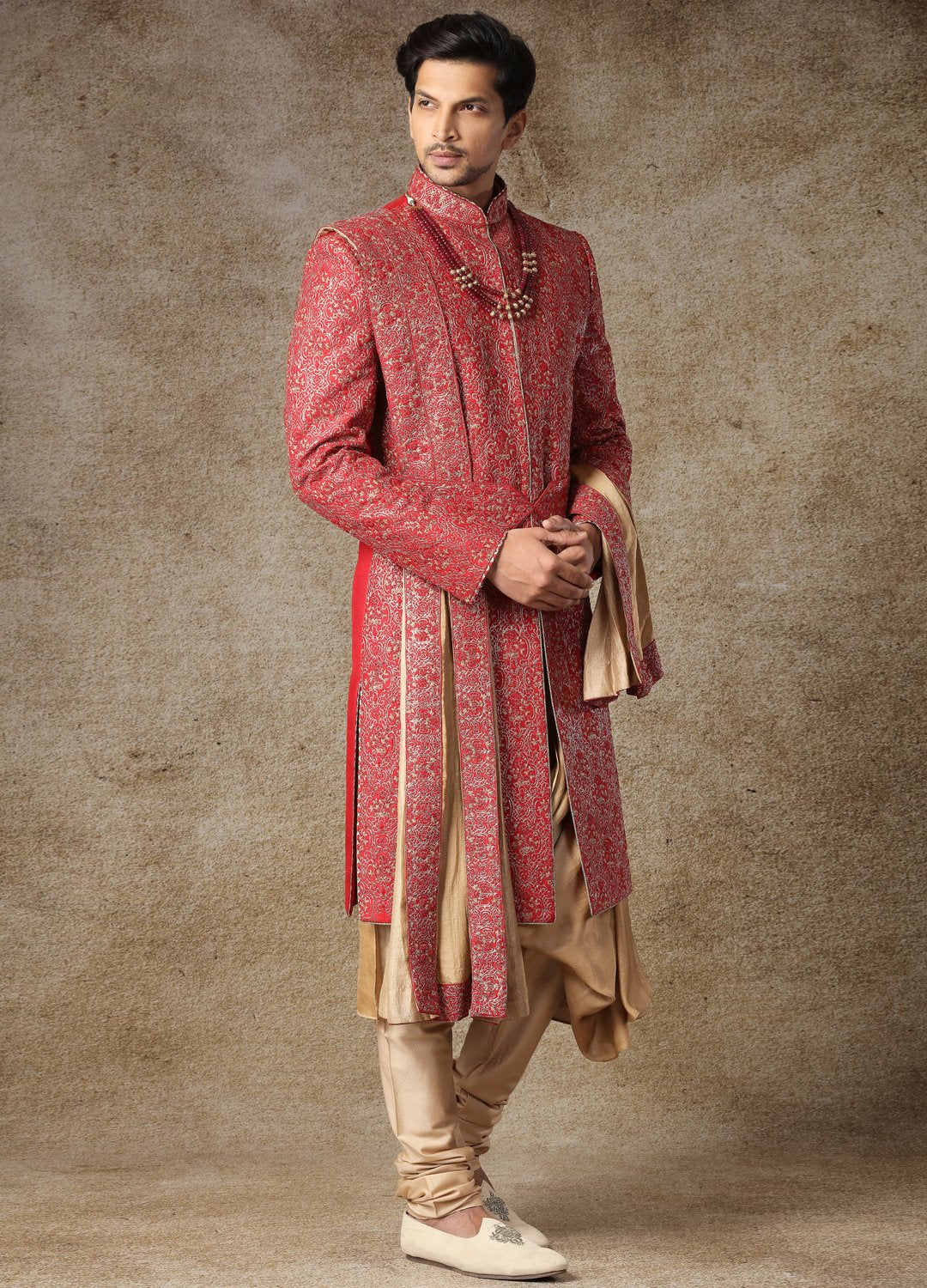 Golden And Rustic Maroon Sherwani