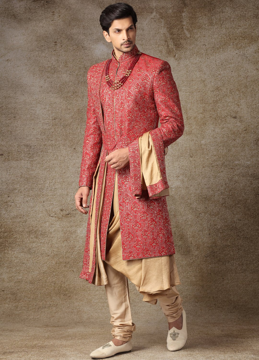 Golden And Rustic Maroon Sherwani