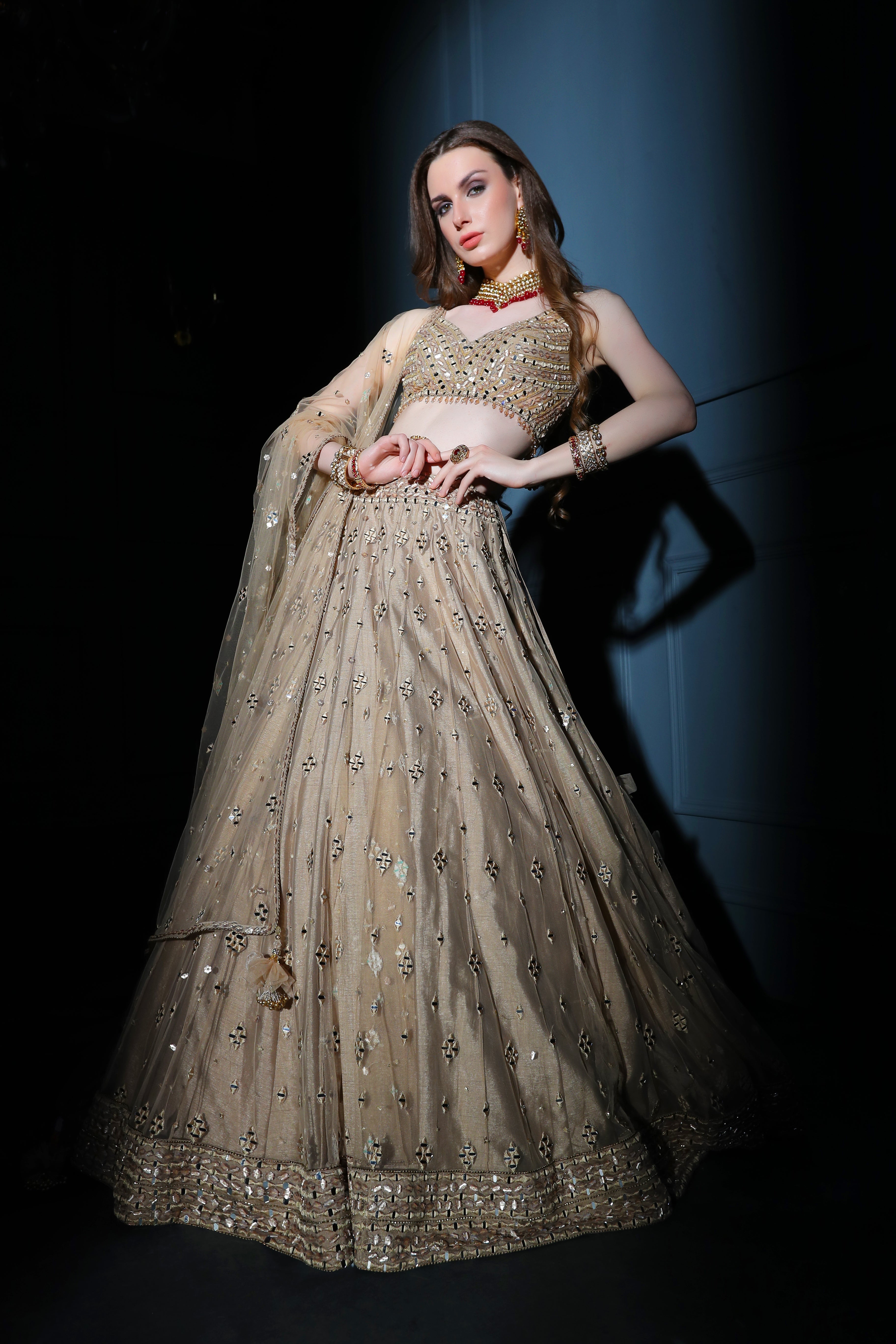 Nude embroidered mirror top with skirt