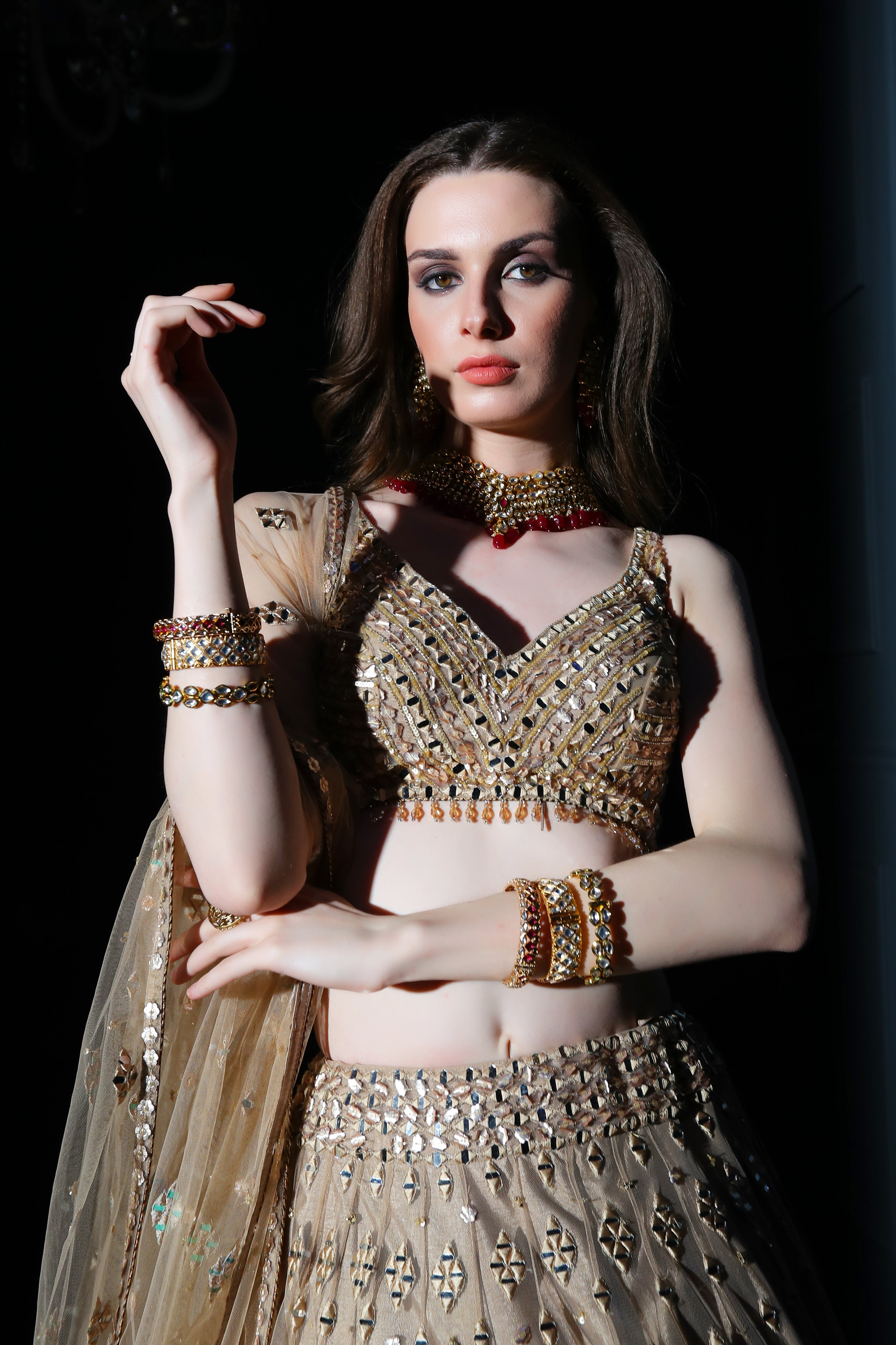 Nude embroidered mirror top with skirt