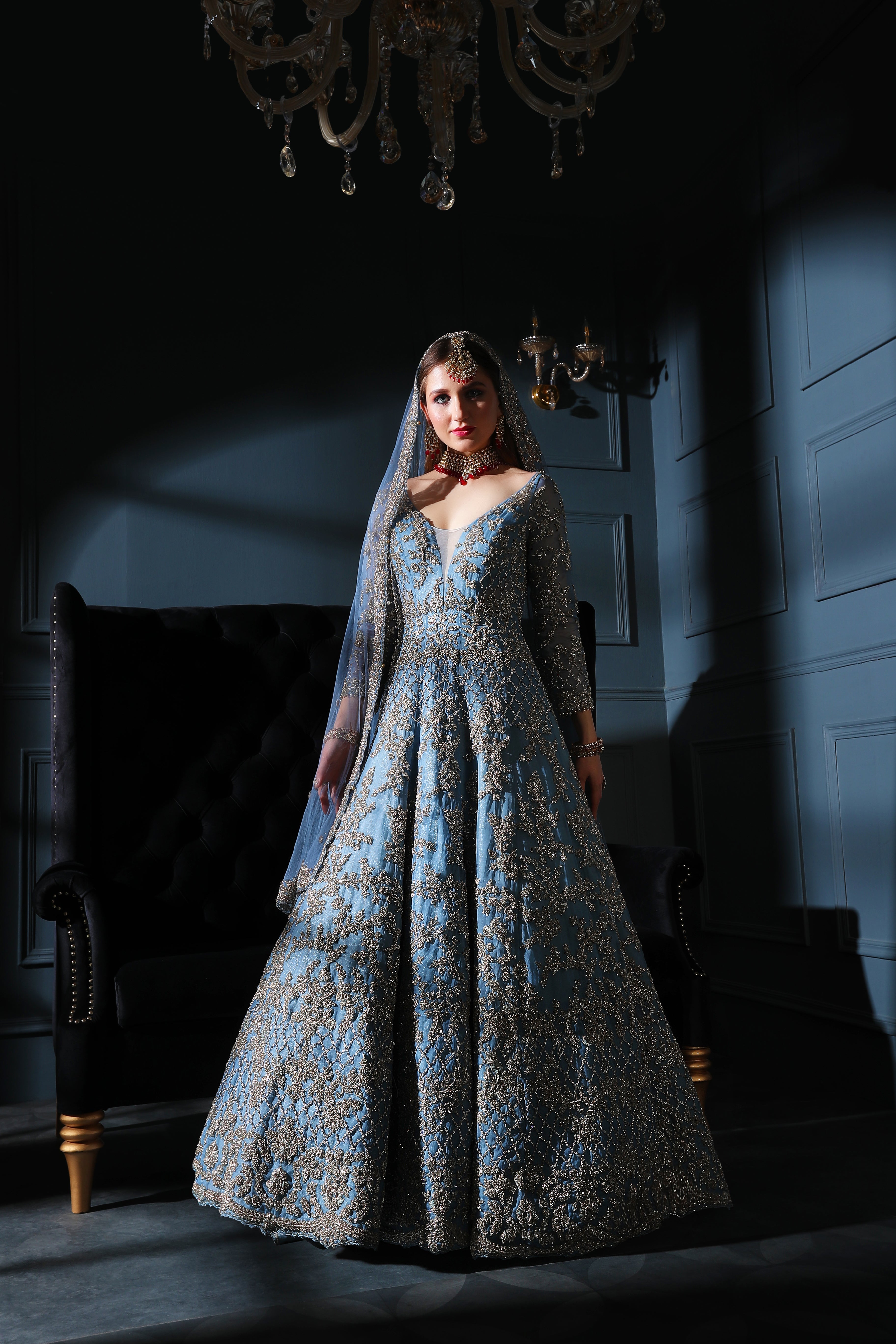 Blue Grey embroidered gown with scarf