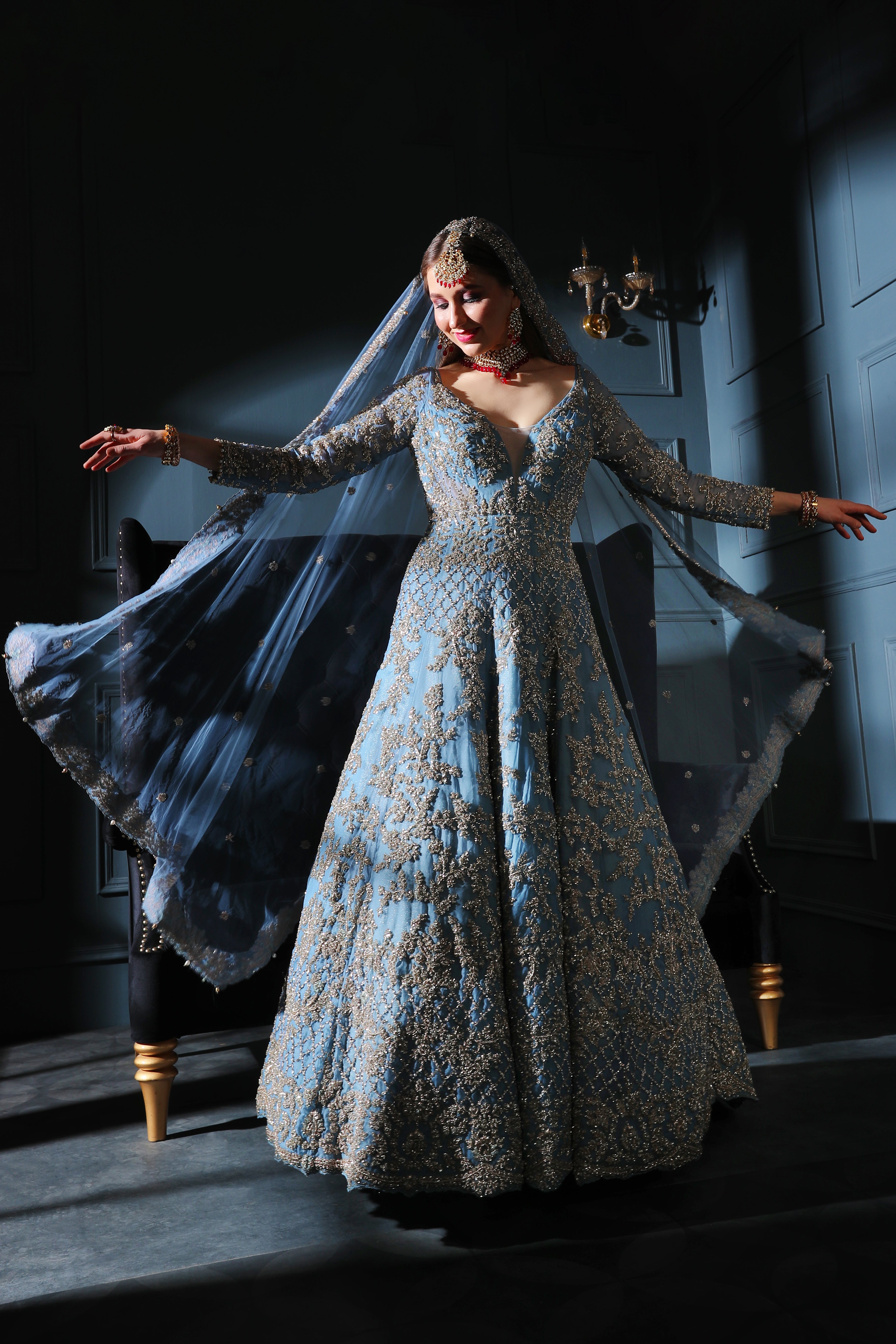 Blue Grey embroidered gown with scarf