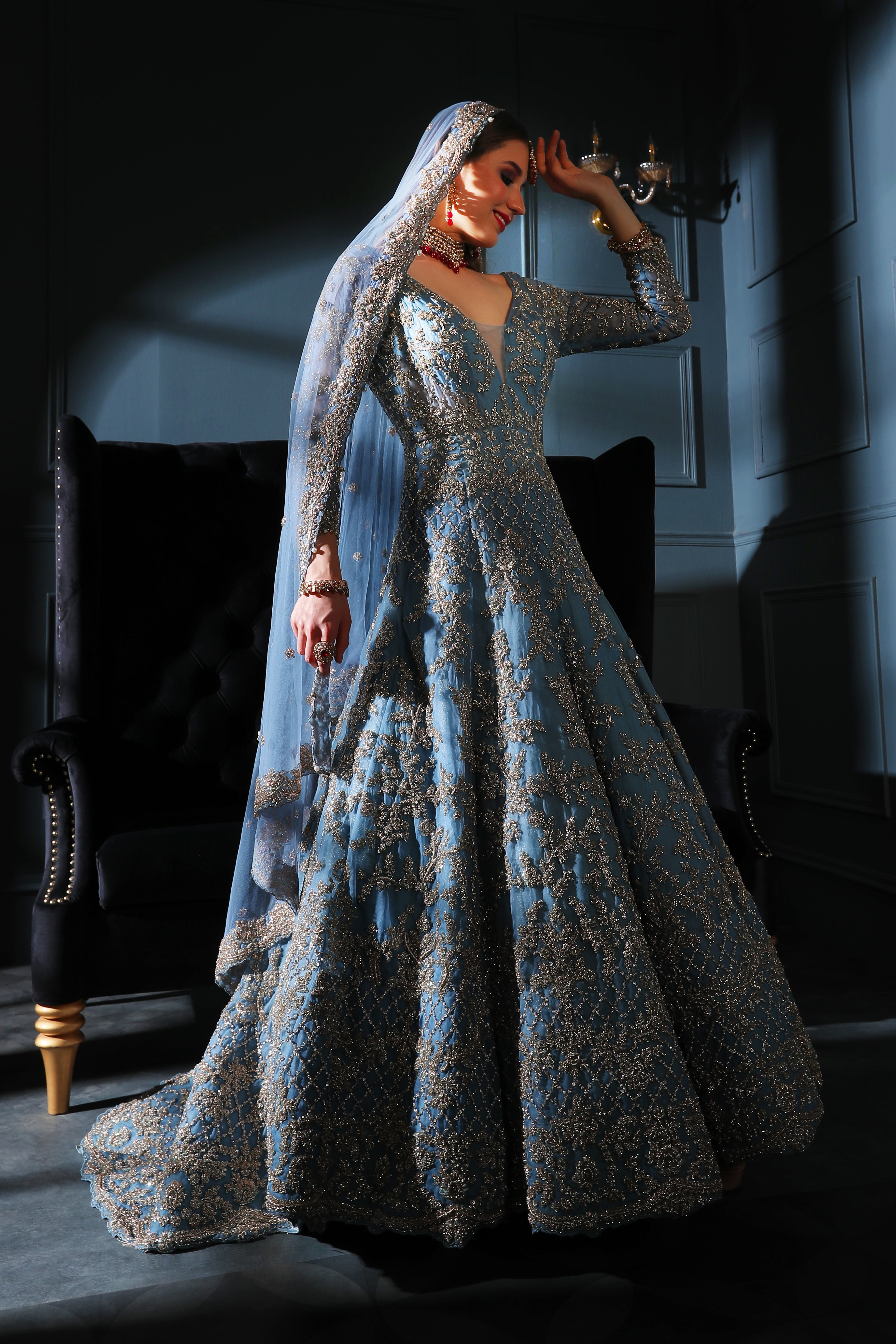 Blue Grey embroidered gown with scarf