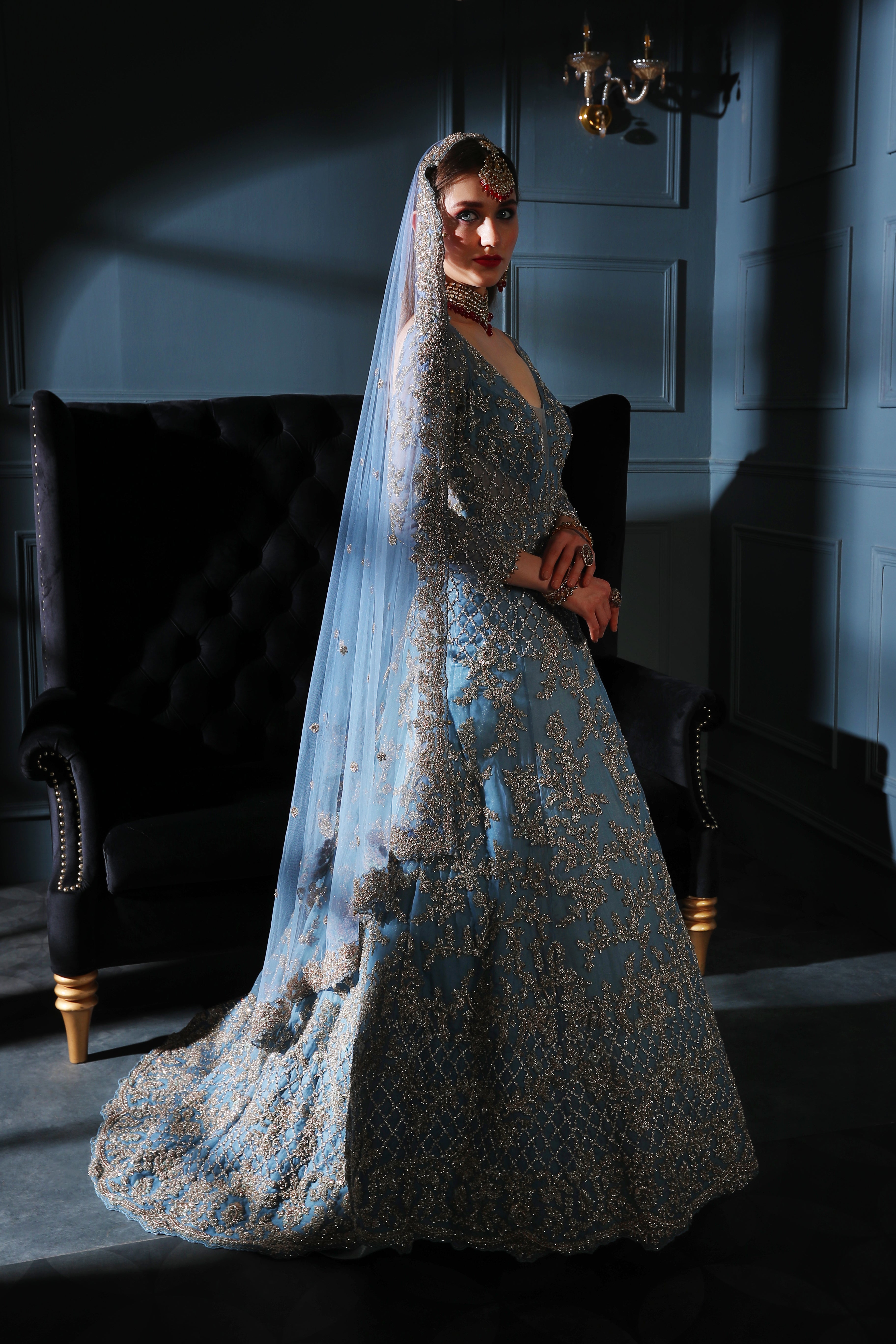 Blue Grey embroidered gown with scarf