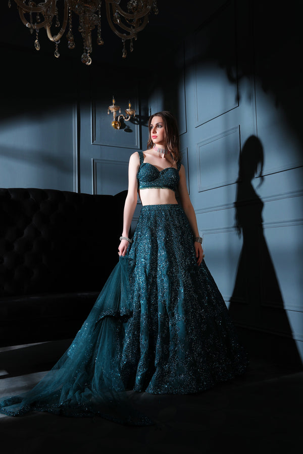 Dark Teal embroidered top and skirt