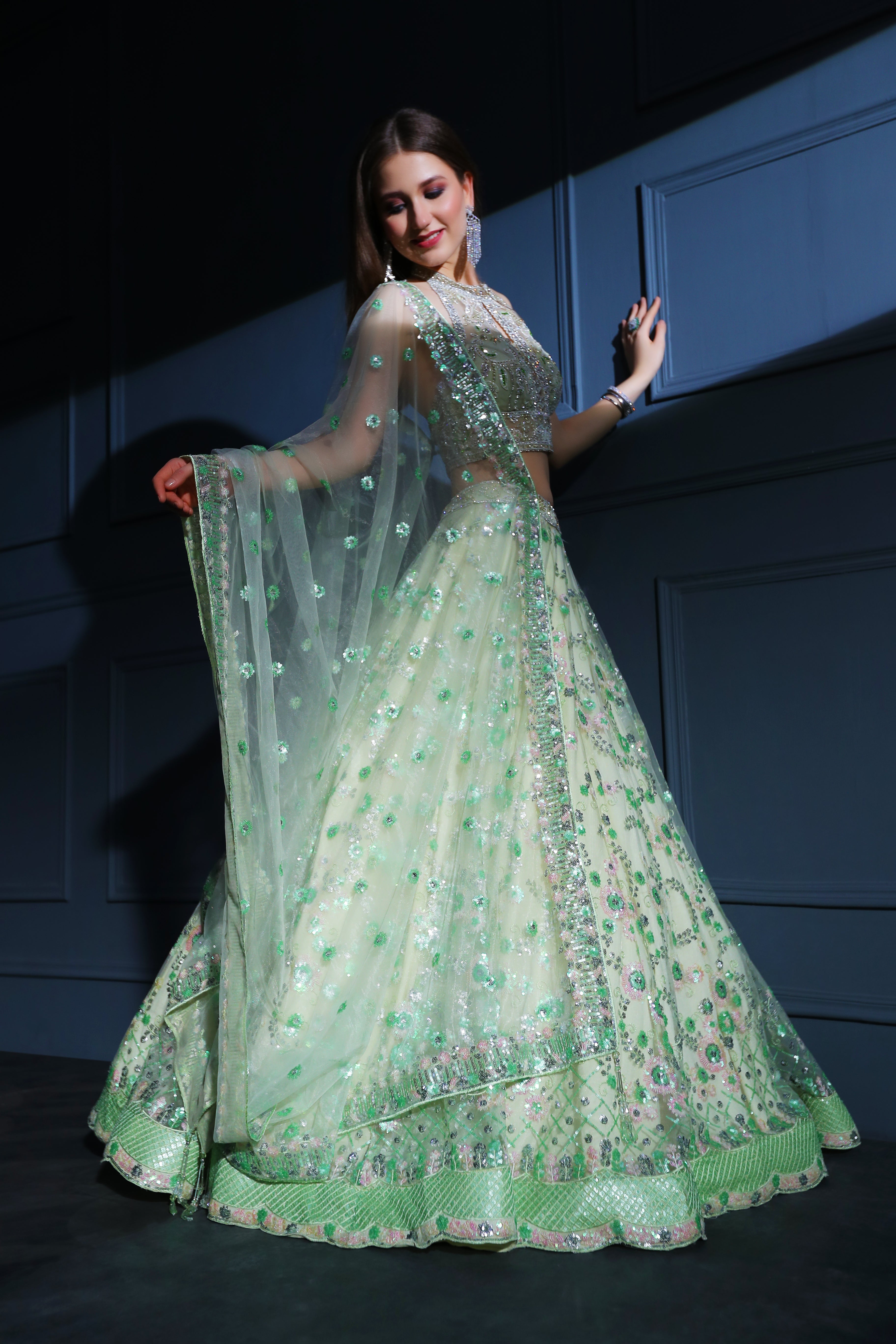 Green Halter blouse with Skirt