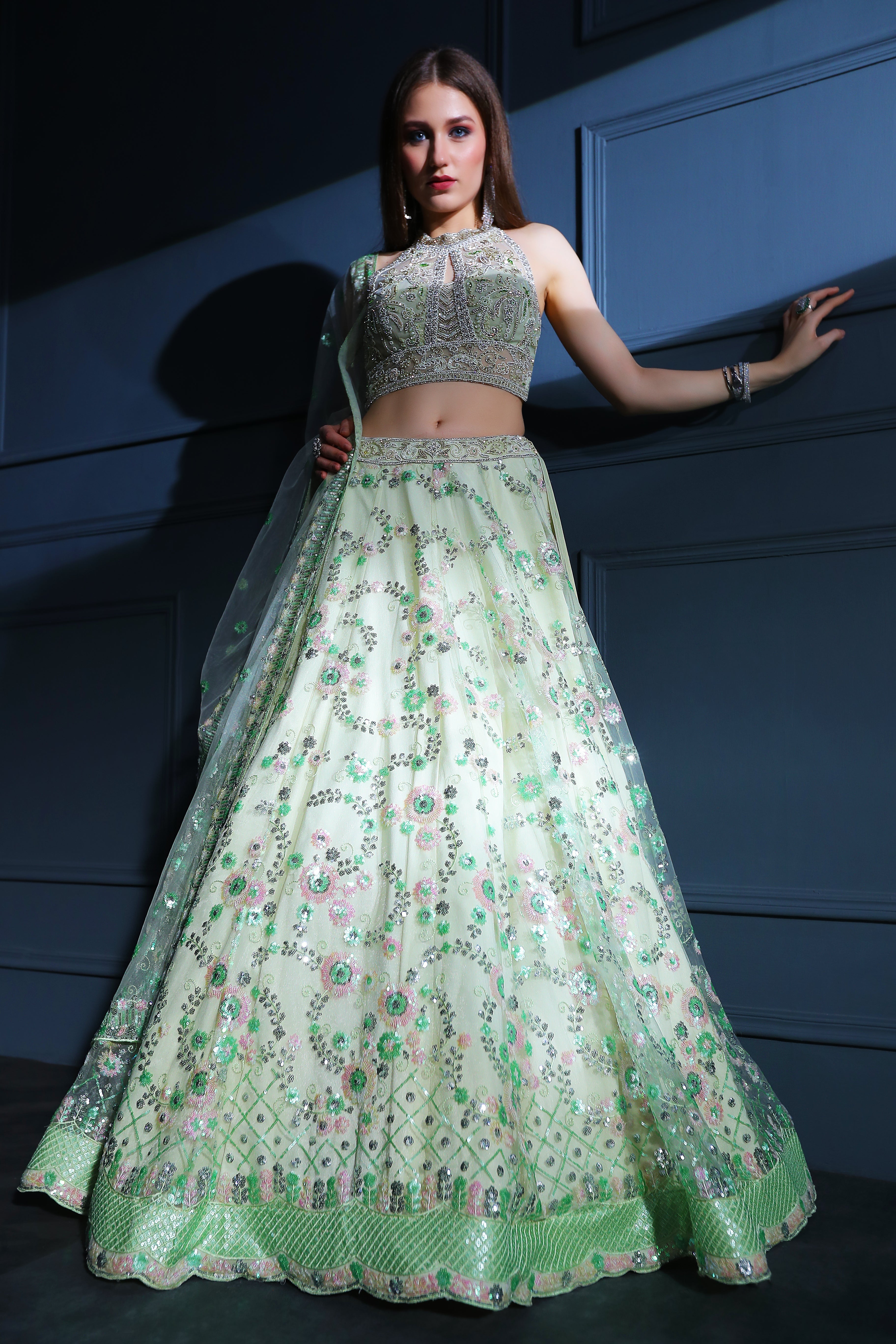 Green Halter blouse with Skirt