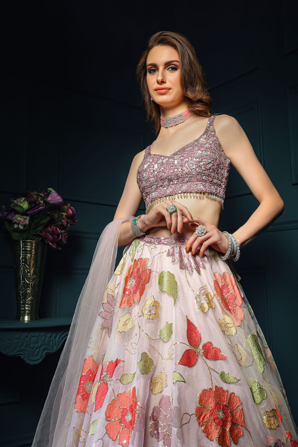 Mauve embroidered top with floral embroidered skirt