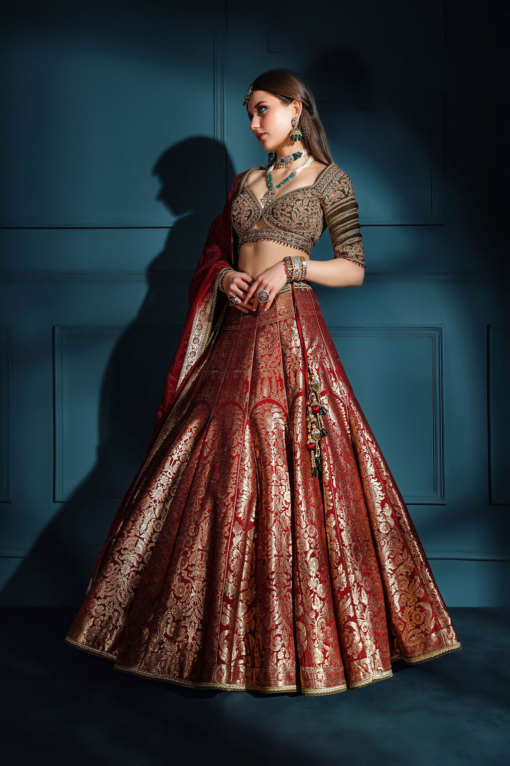 Red brocade Skirt with embroidered top