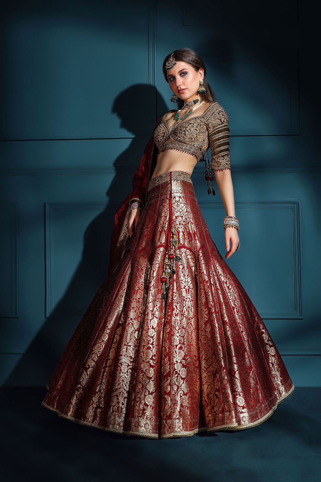 Red brocade Skirt with embroidered top