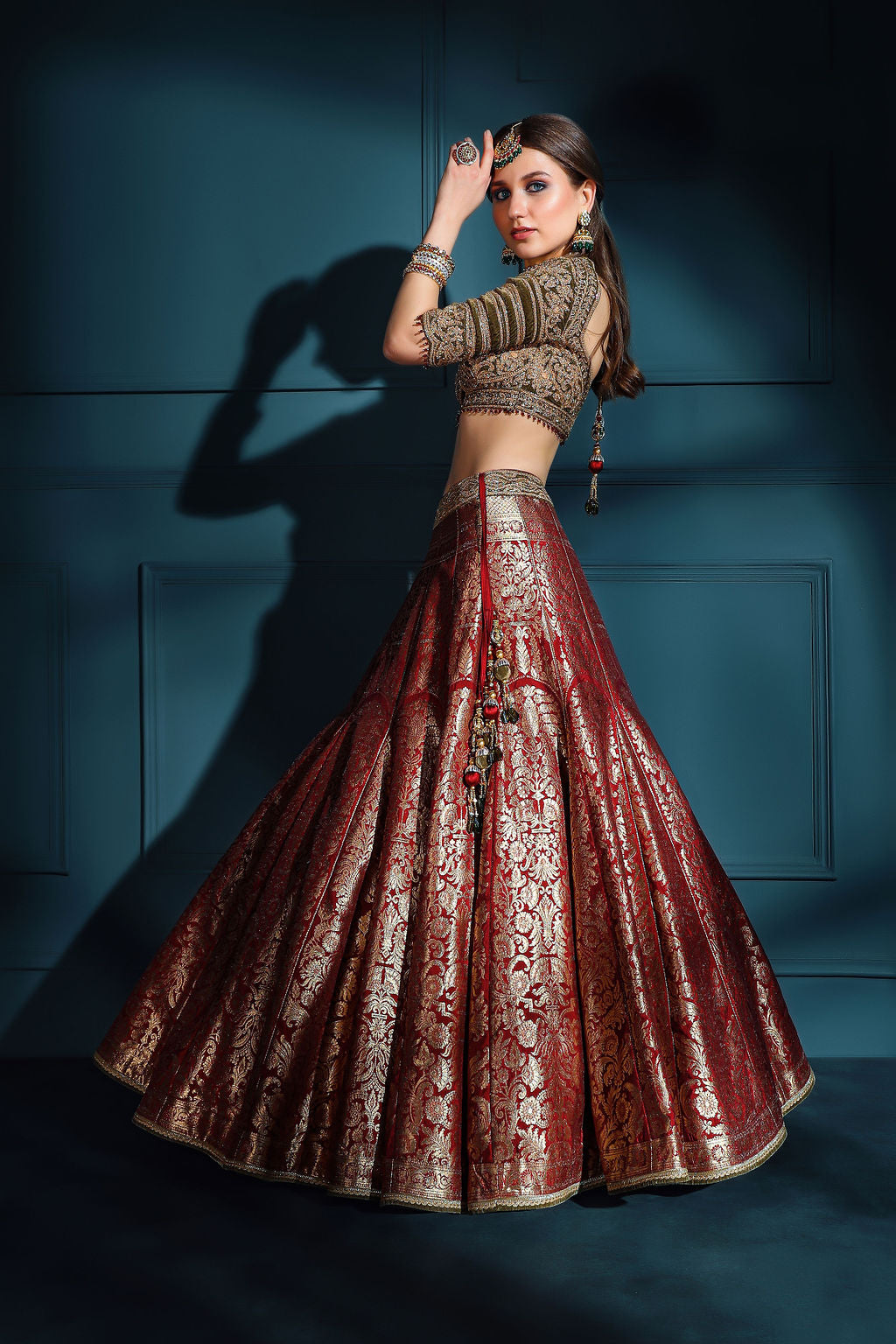 Red brocade Skirt with embroidered top