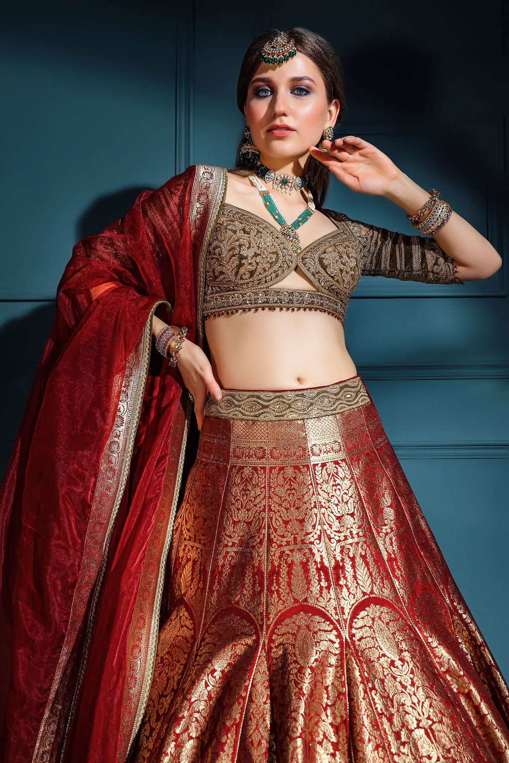 Red brocade Skirt with embroidered top