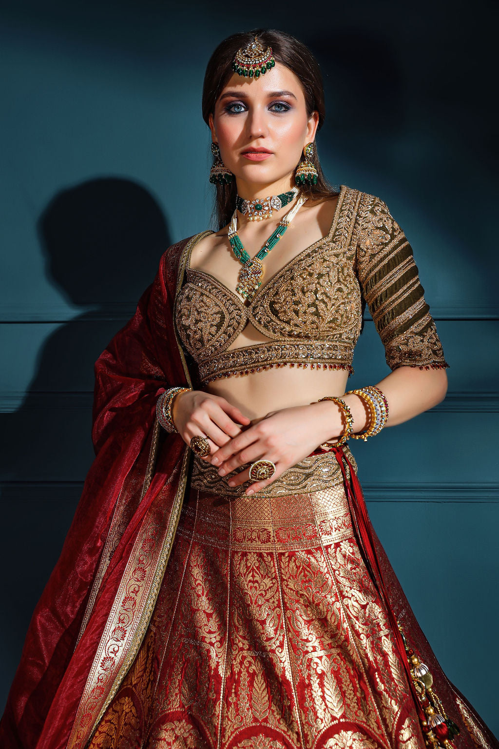 Red brocade Skirt with embroidered top
