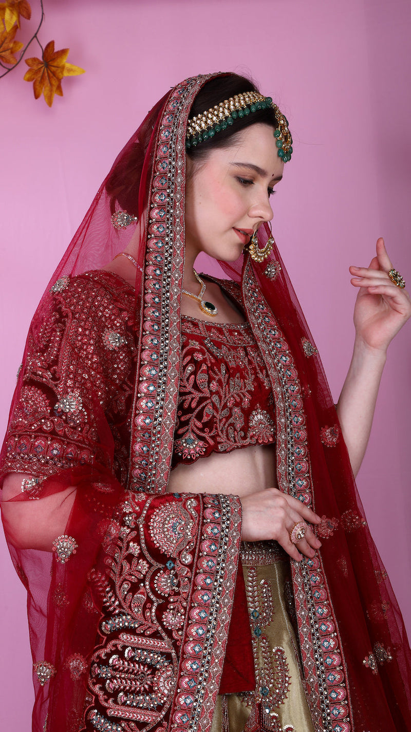 Golden Lehenga with red top and scarf