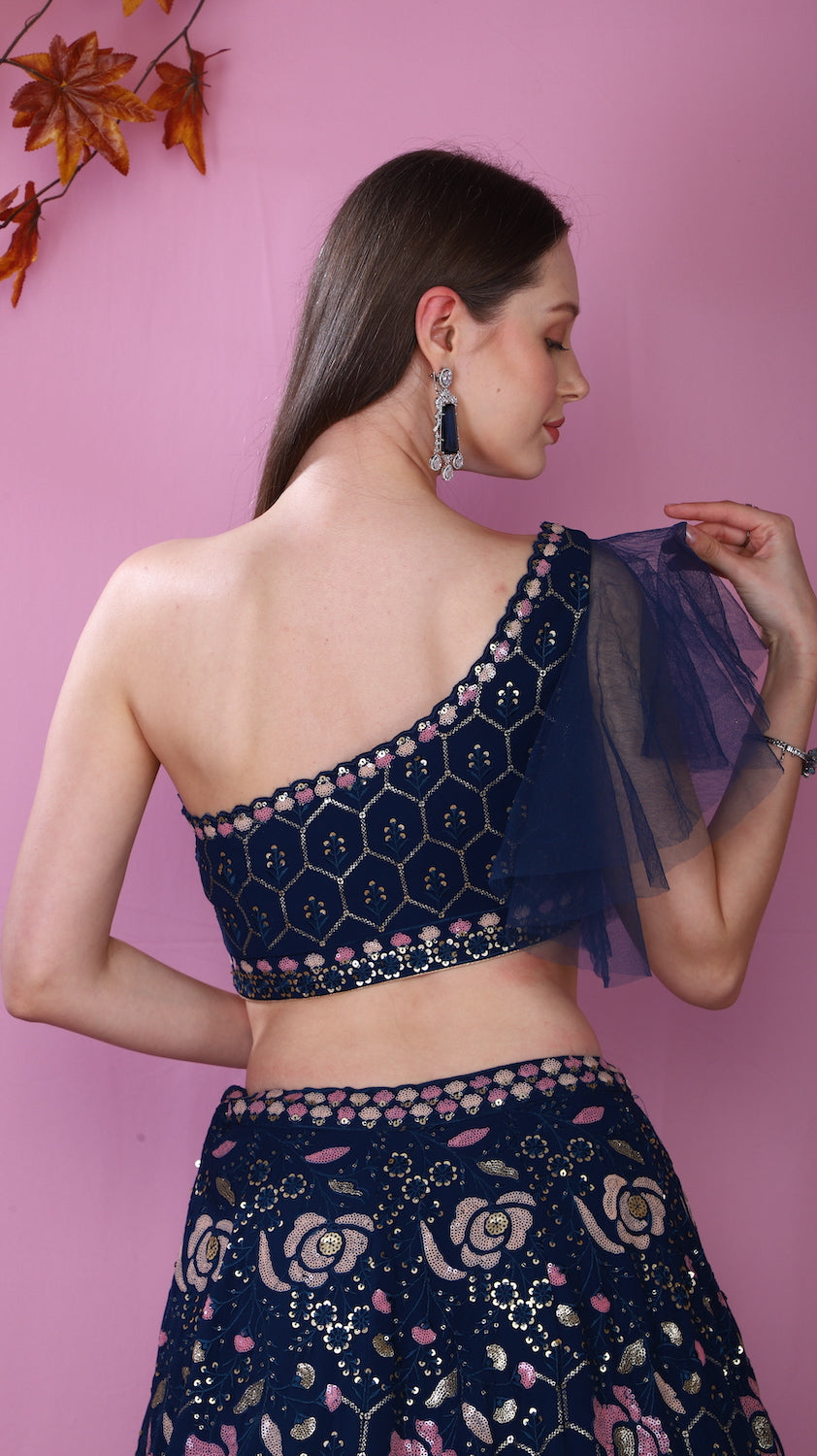 Blue one Shoulder top with Lehenga and contrast scarf
