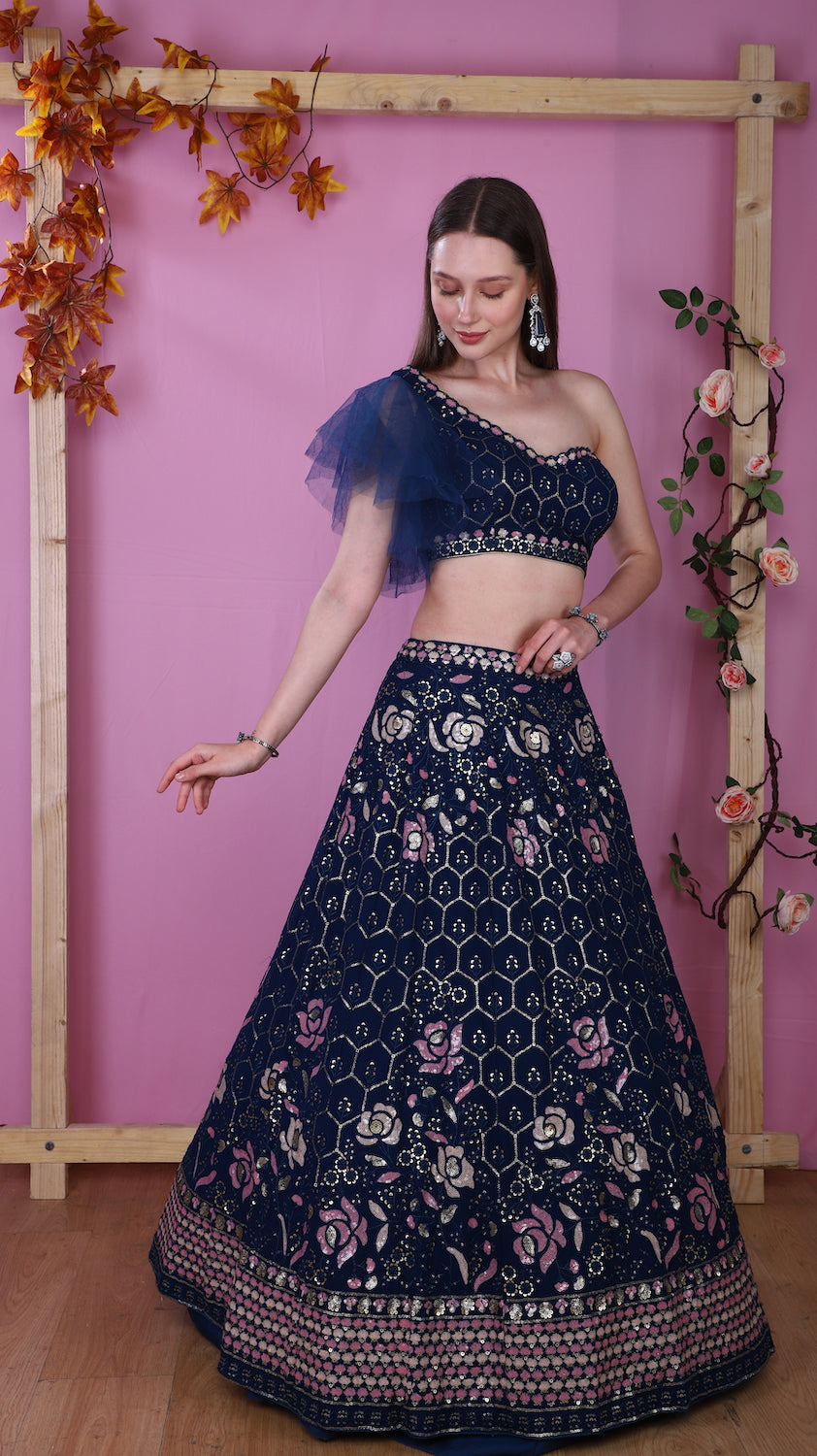 Blue one Shoulder top with Lehenga and contrast scarf