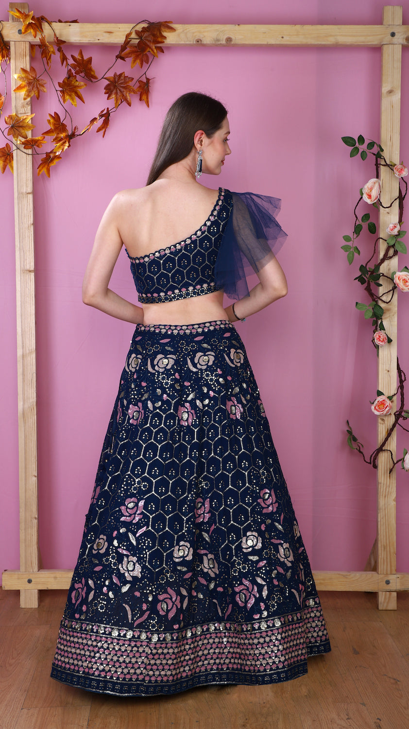 Blue one Shoulder top with Lehenga and contrast scarf
