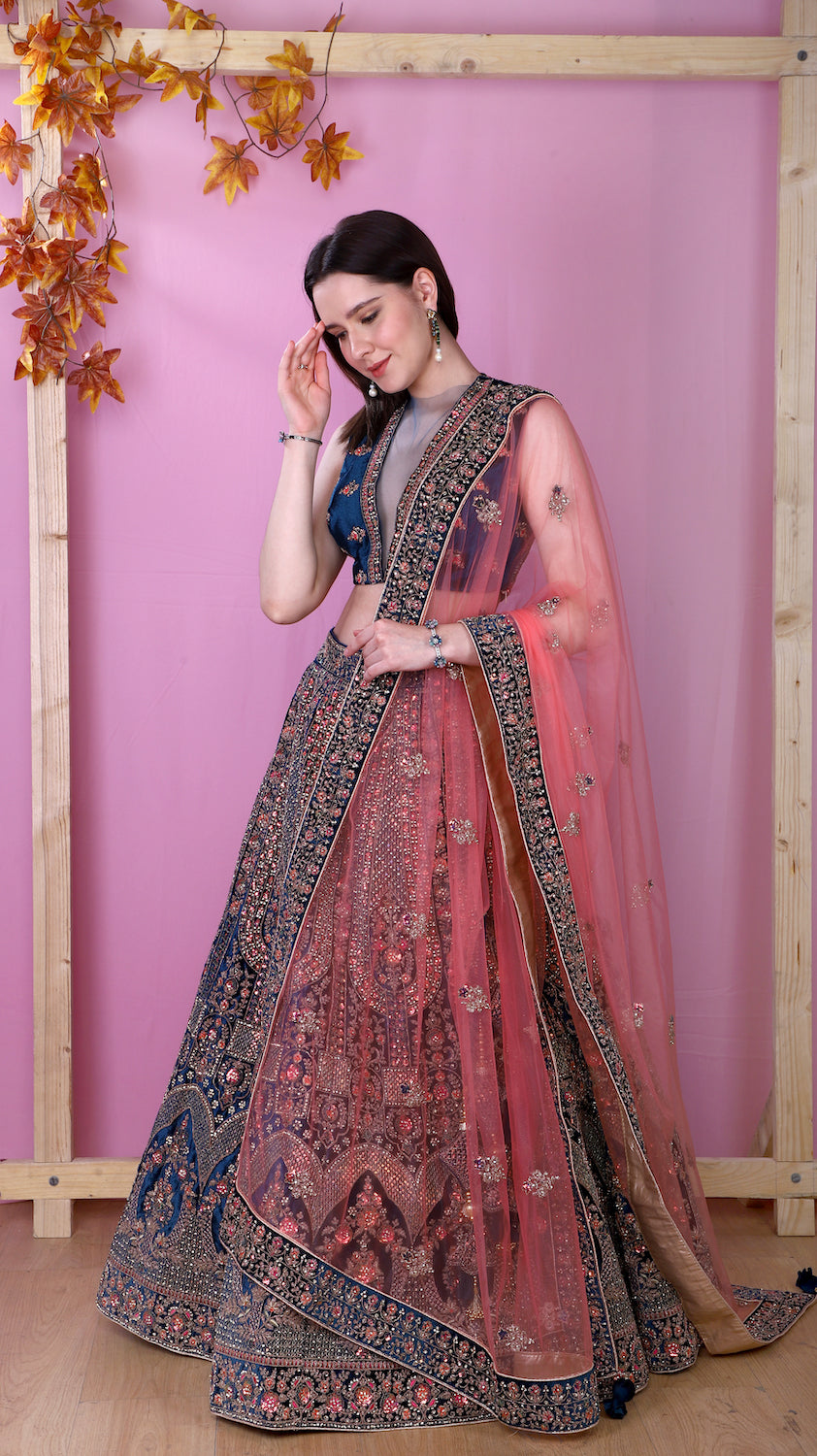 Velvet Navy Blue Lehenga