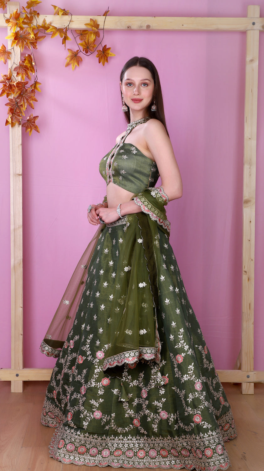 Tissue Silk Mehendi green Lehenga