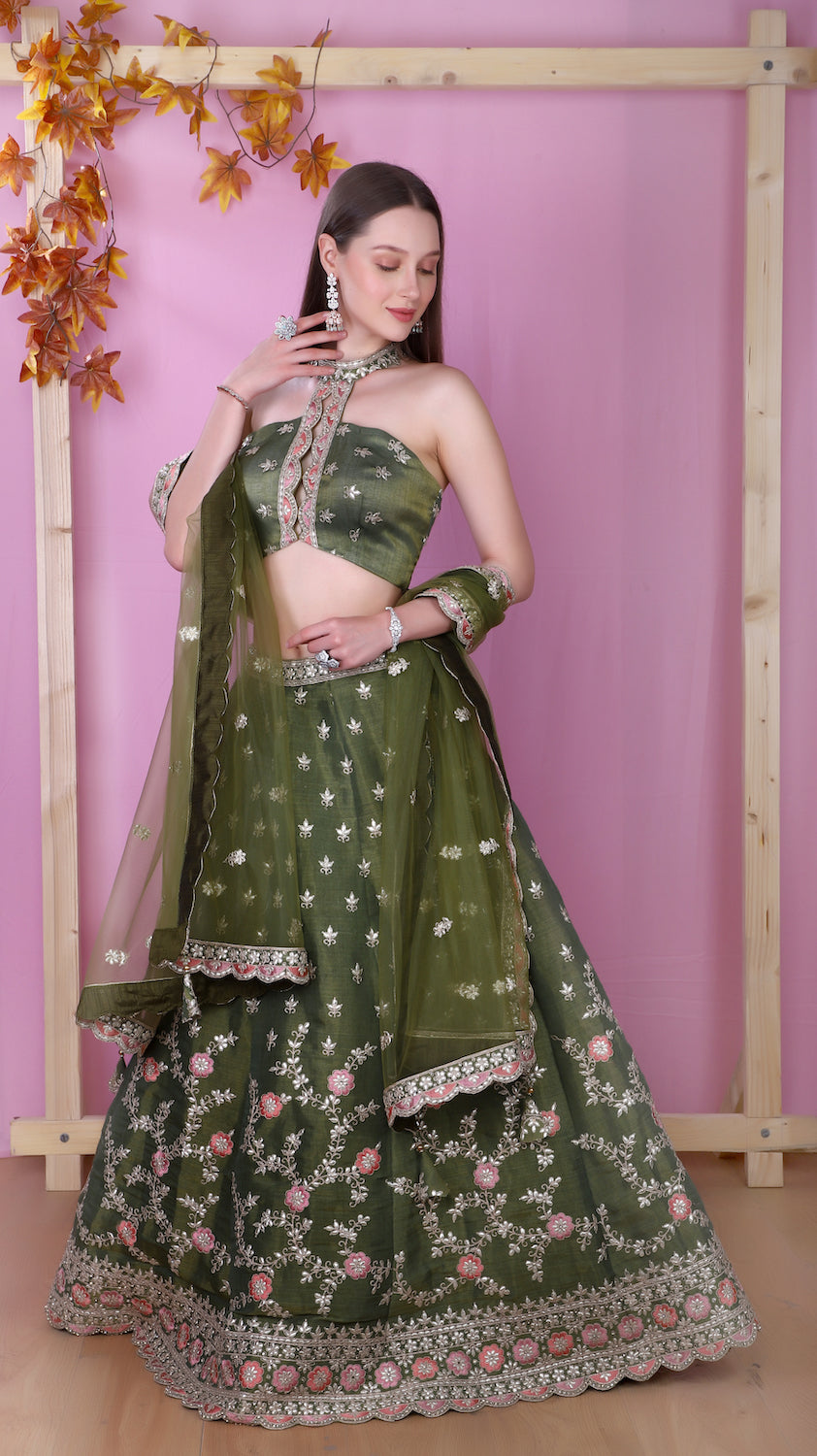 Tissue Silk Mehendi green Lehenga